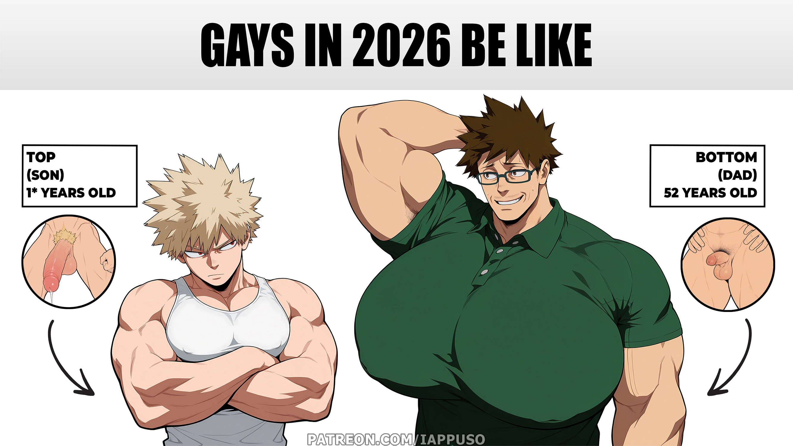 2boys, age difference, ai assisted, ai generated, bakugou katsuki, bara, bara tiddies, bara tits, barazoku, big pecs, boku no hero academia, busty boy, busty male, facial hair, father and son, gay, gays in 2025 be like, height difference, huge pecs, hyper, incest, inverted nipples, katsuki bakugou, large pecs, male, male breasts, male only, male/male, masaru bakugou, mature male, meme, muscular, muscular male, my hero academia, osupp-ai, penis size difference, size difference, small dom big sub, small penis, small top big bottom, yaoi