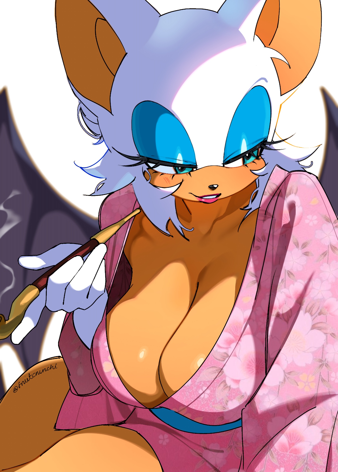 1girls, bat ears, bat girl, bat wings, big breasts, female, female only, fruitcrunchi, huge breasts, messy hair, rouge the bat, sagging breasts, smoking, sonic (series), sonic adventure 2, sonic the hedgehog (series)