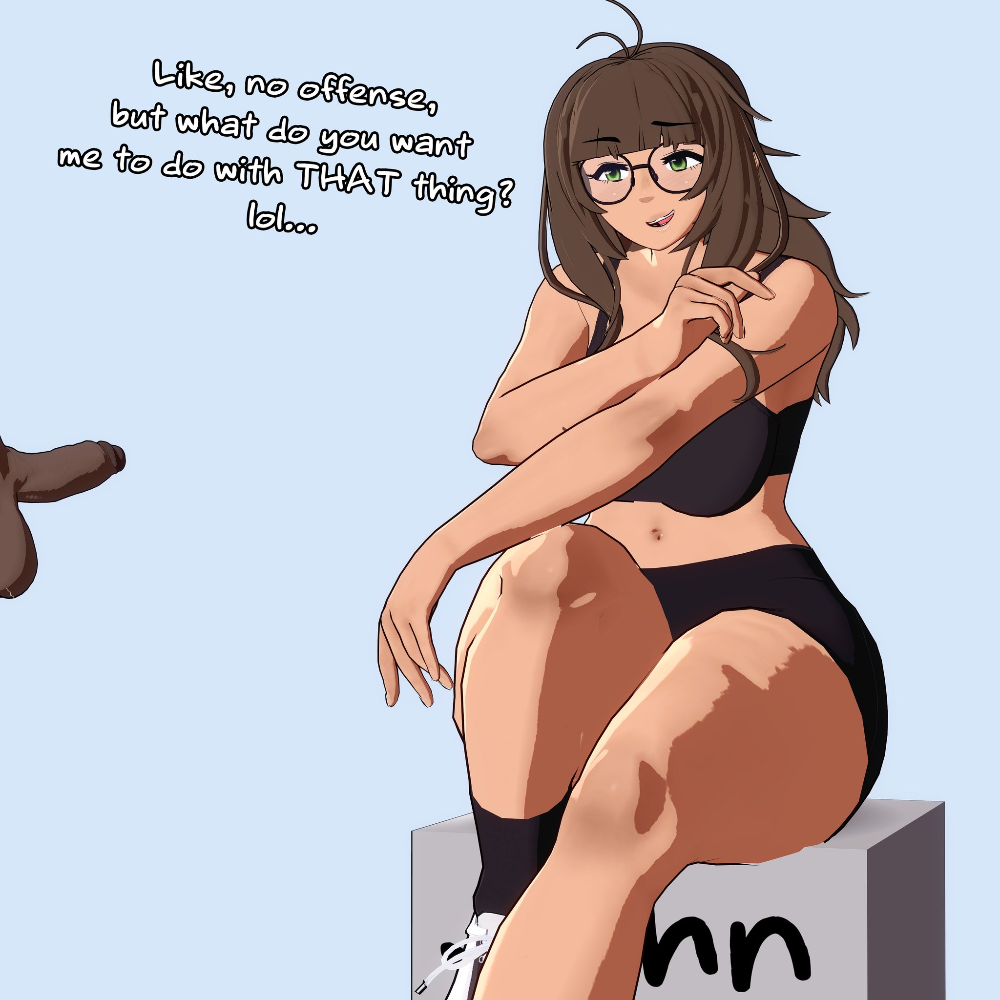 1boy, 1girls, 3d, ahoge, blue background, brown hair, dark skinned penis, dark-skinned male, english text, female, femdom, glasses, green eyes, johnv, light-skinned female, male, malesub, original, rinkatsu, shorts, sitting, small penis, small penis humiliation, sportswear, zoey (johnv)