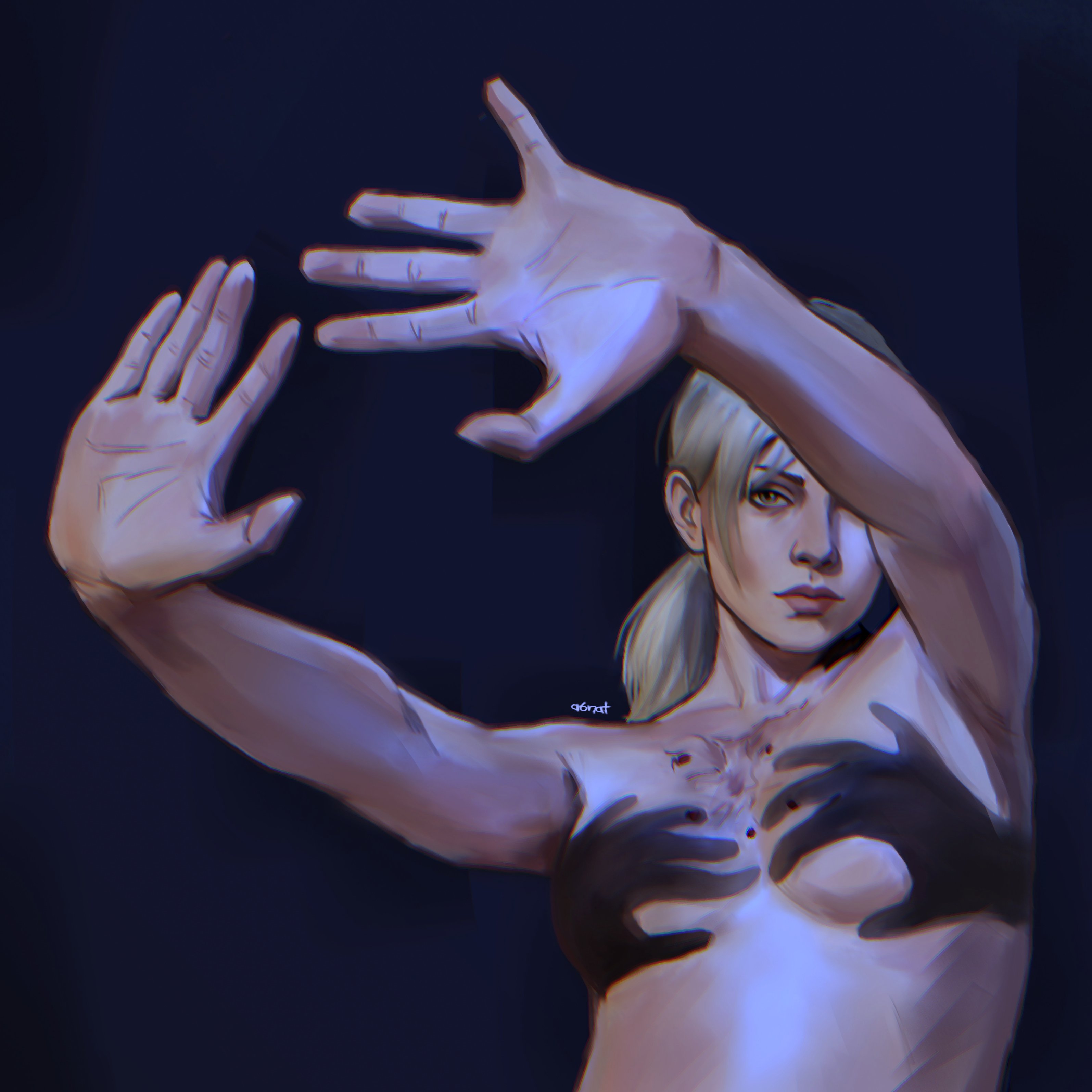 1girl, a6nat, absurd res, biohazard, blonde hair, breasts, bruise, bruise on chest, capcom, commentary, english commentary, hand shadow covering breasts (meme), hands casting shadow, hands up, high res, injury, jill valentine, jill valentine (blonde), looking at viewer, medium breasts, meme, naked, naked female, nude, nude female, nudity, one eye covered, outstretched arms, perky breasts, ponytail, resident evil, resident evil 1, resident evil 3, resident evil 3 remake, resident evil 3: nemesis, resident evil 5, sidelocks, solo, spread fingers, twitter, upper body