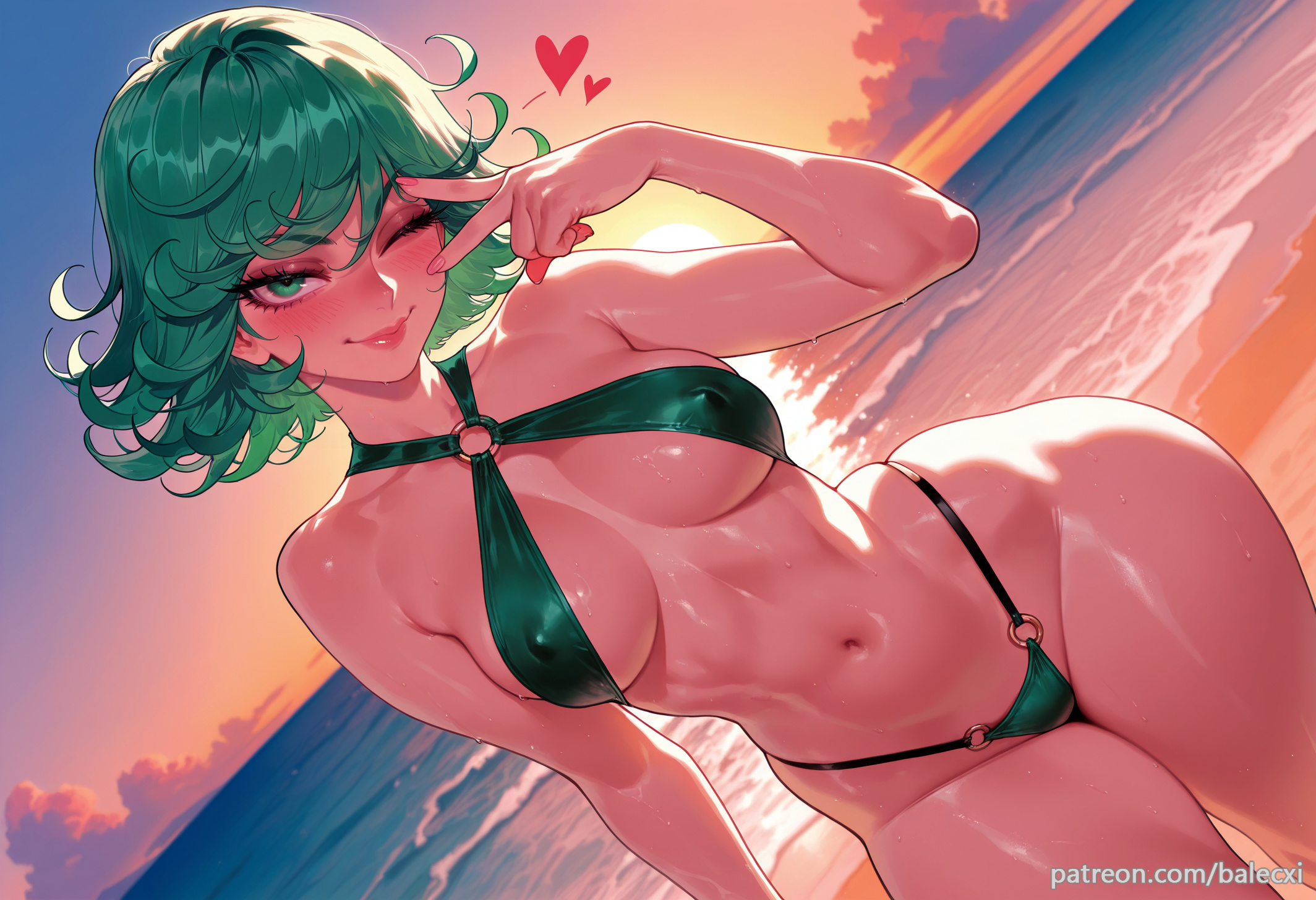 1girl, ai generated, balecxi, beach, breasts, covered nipples, curly hair, female, female only, green bikini, green eyes, green hair, looking at viewer, navel, o-ring, ocean, one eye closed, one punch man, outdoors, patreon username, short hair, smile, solo, stomach, sunset, swimsuit, tatsumaki, thighs, v, v over eye