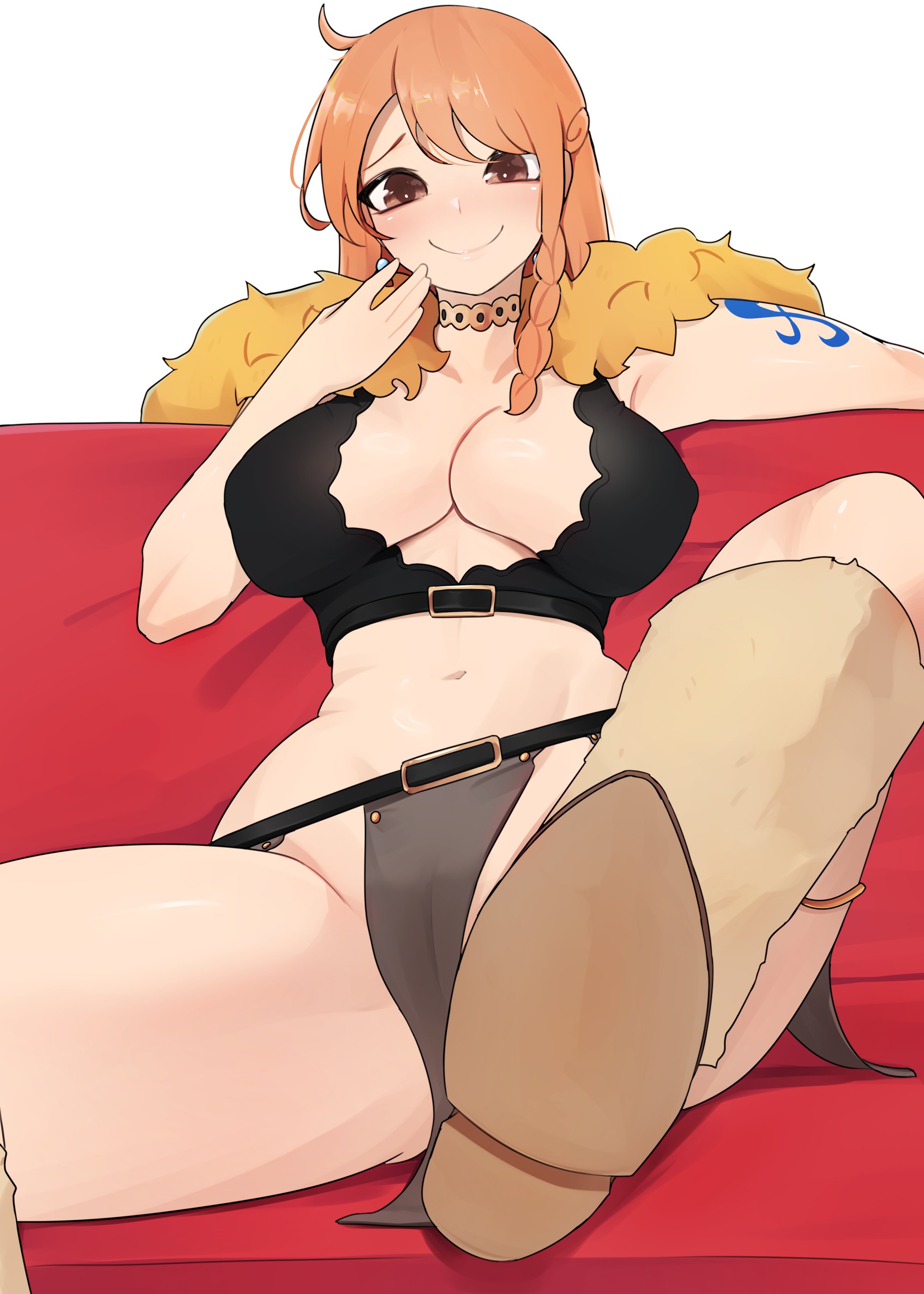 1girls, breasts, female, female focus, female only, hiddennickx, large breasts, looking at viewer, nami (one piece), one piece, one piece: elbaf arc, sitting, solo, spread legs, tagme, thick thighs, thighs, wide hips