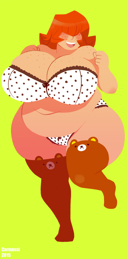 bra carmessi chubby freckles grizzly_(carmessi) hair_over_eyes huge_breasts orange_hair panties rilakkuma rilakkuma_(series) san-x smile stockings thick_thighs