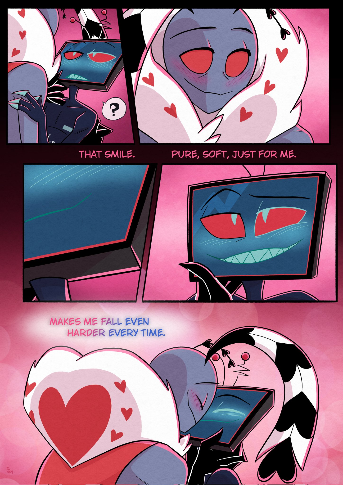 2boys, after sex, antennae (anatomy), blush, closed eyes, comic, comic page, cute, english, english text, gay, hazbin hotel, hellaverse, inner monologue, male, male only, nude, nude male, schaychaym, smile, tagme, tv head, valentino (hazbin hotel), vox (hazbin hotel), wholesome, yaoi