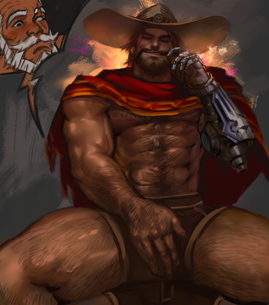 2boys abs bara blush cigar cole_cassidy cowboy cowboy_hat dopq grin groping hat male_only multiple_boys muscle overwatch pecs reinhardt sitting smile smirk smoking underwear undressing yaoi yy6242