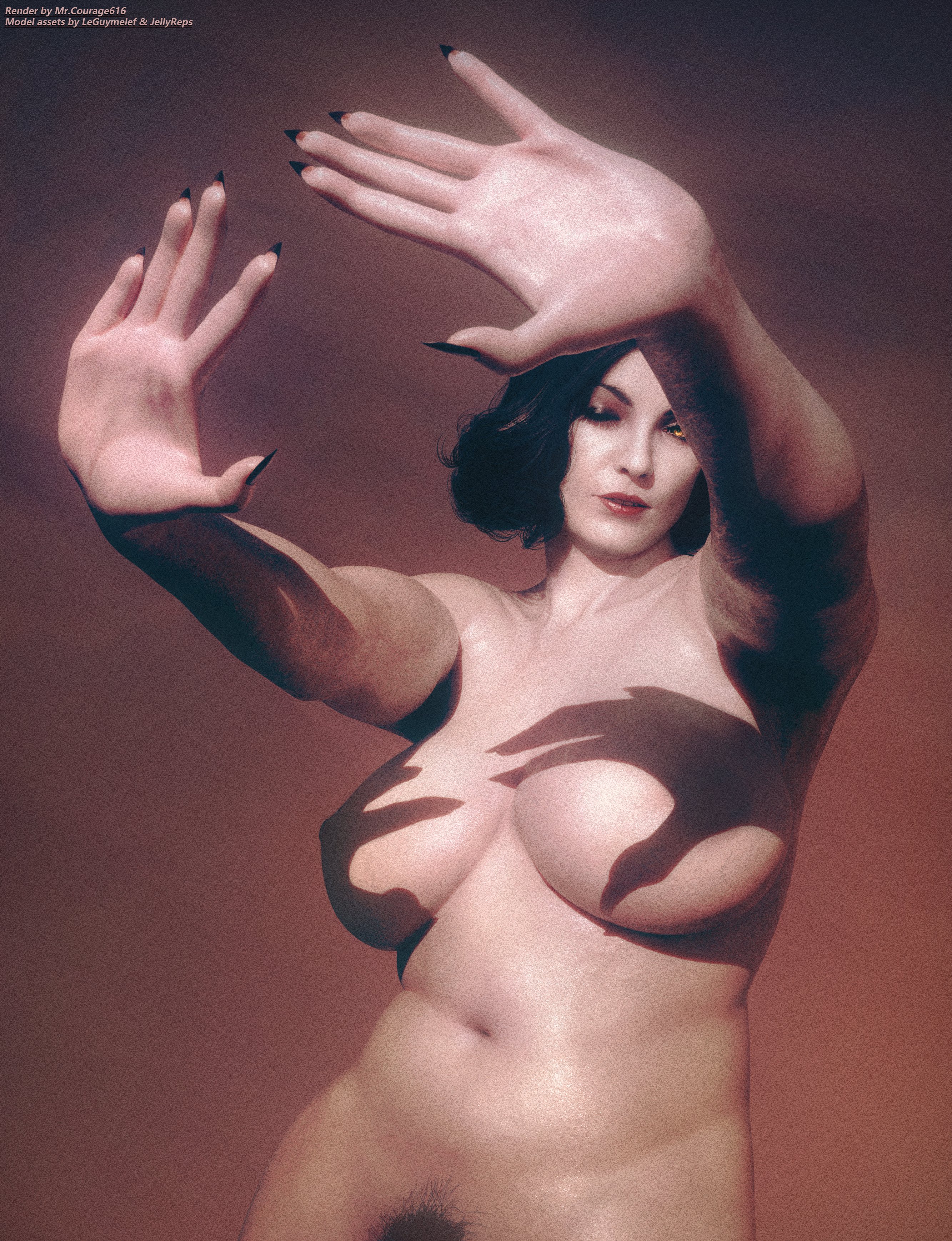 3d, alcina dimitrescu, big breasts, black hair, breasts, female, female focus, female only, hands casting shadow, large breasts, makeup, meme, milf, mrcourage616, navel, nude, nude female, nudity, pubes, pubic hair, pubic hair peek, resident evil, resident evil 8: village, short hair, tagme