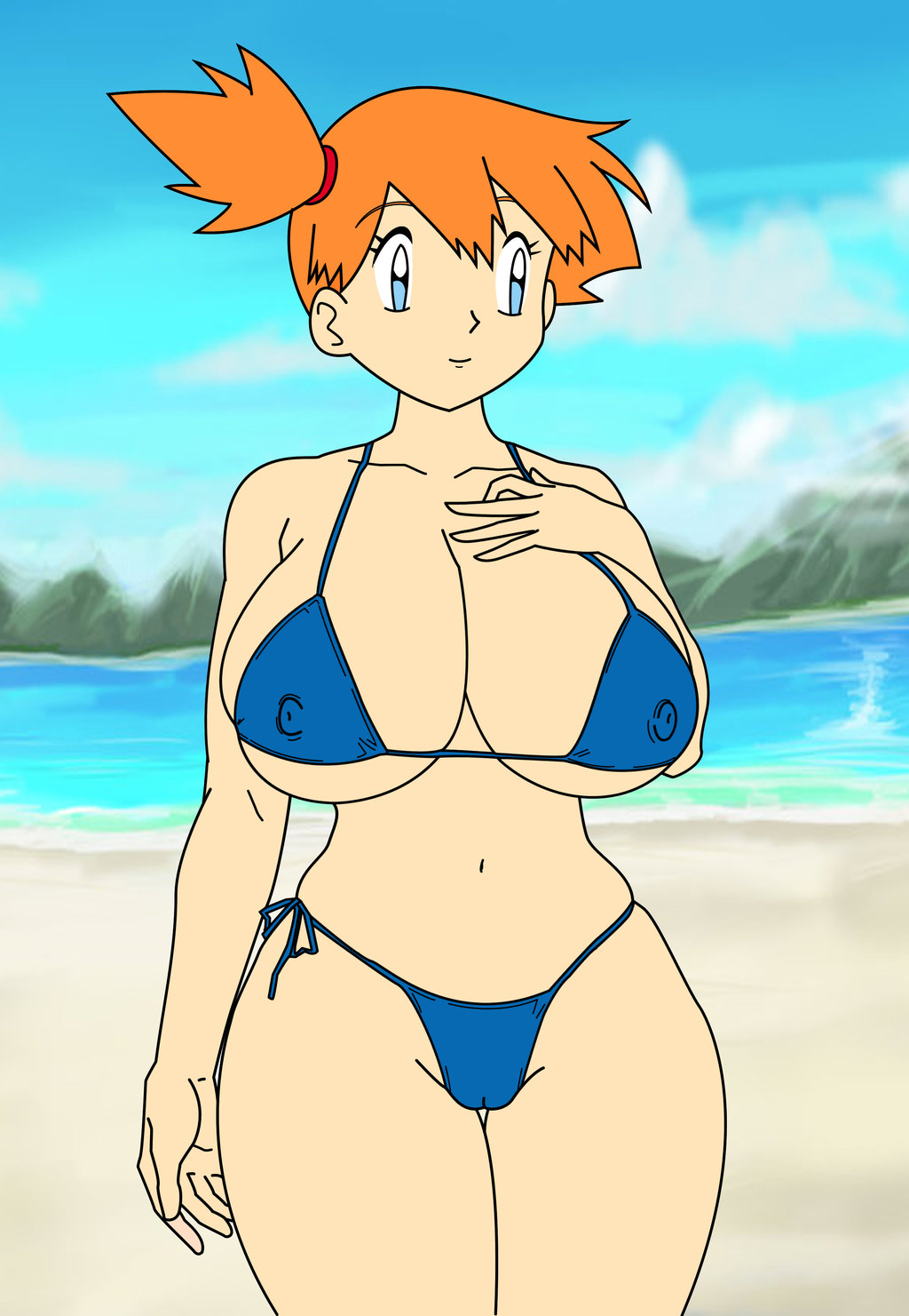 alternate version available, bikini, blue eyes, breasts, cameltoe, cleavage, erect nipples, exhibitionism, female, gym leader, huge breasts, human, human only, midriff, misty (pokemon), navel, nintendo, nipple bulge, nipples, orange hair, pokemon, pokemon (anime), pussy, short hair, side ponytail, smile, solo, source request, swimsuit, toshiso