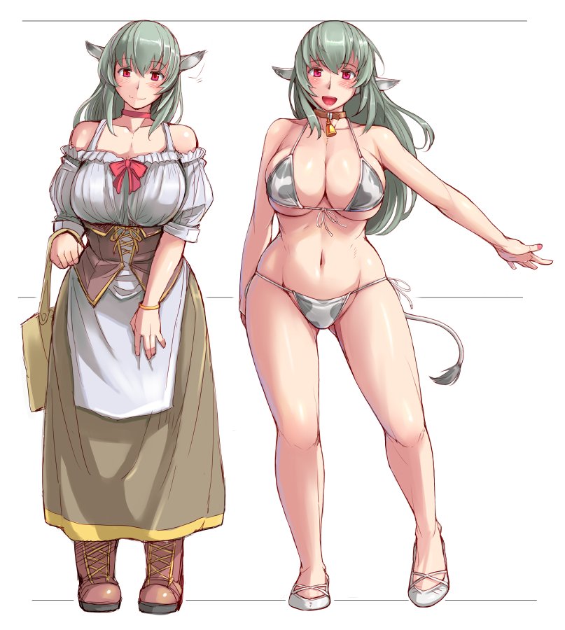 animal ears, bare shoulders, big breasts, bikini, blouse, breasts, collar, corset, cow ears, cow girl, cow print, cow tail, cowbell, female, green hair, long hair, long skirt, red eyes, rozen maiden, skirt, smile, suigintou, swimsuit, tail, tsuda nanafushi