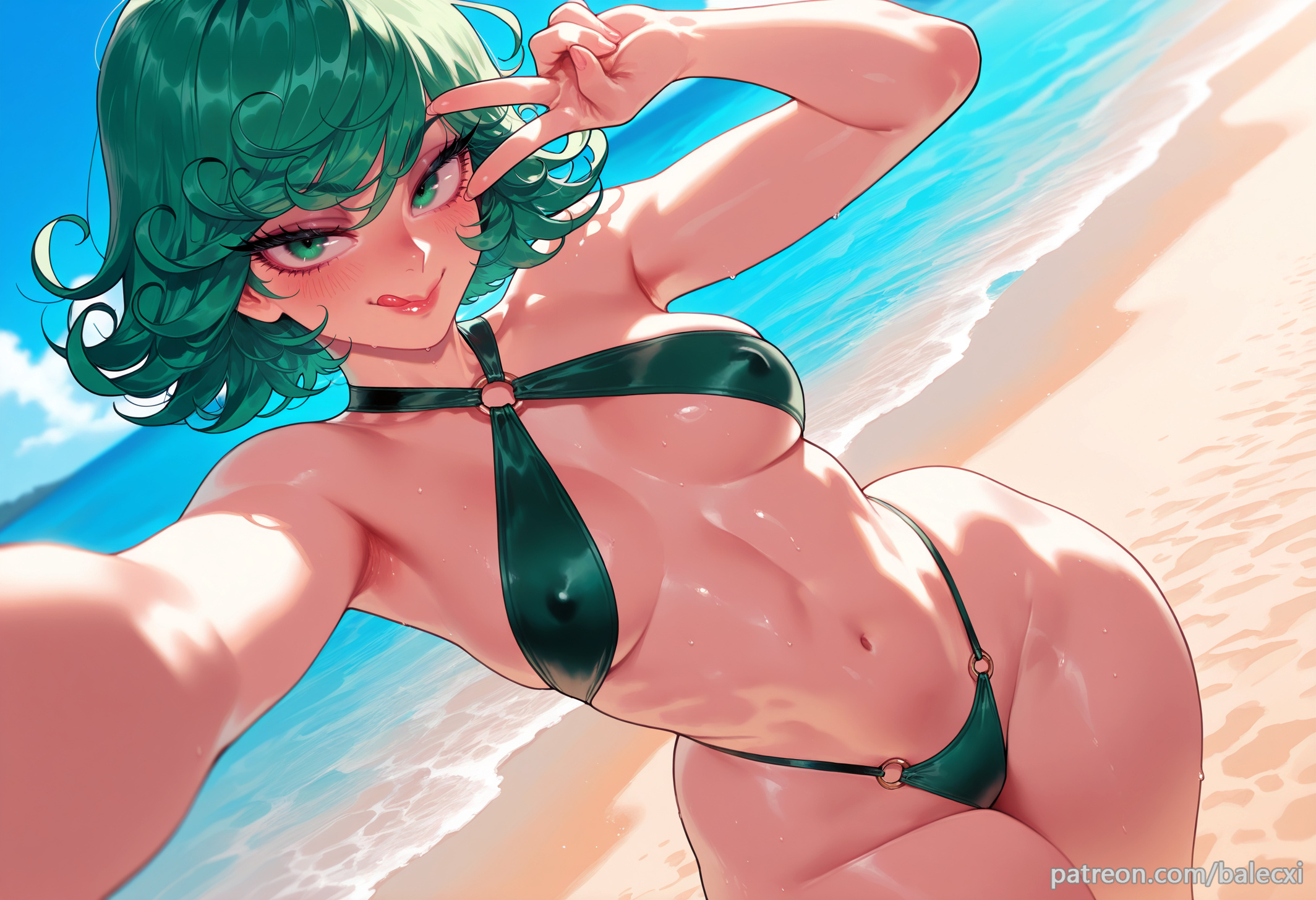 1girl, ai generated, armpits, balecxi, beach, covered nipples, curly hair, day, female, female only, green bikini, green eyes, green hair, looking at viewer, medium breasts, navel, one punch man, outdoors, patreon username, selfie, short hair, solo, stomach, swimsuit, tatsumaki, thighs, tongue, tongue out, v, v over eye, wide hips