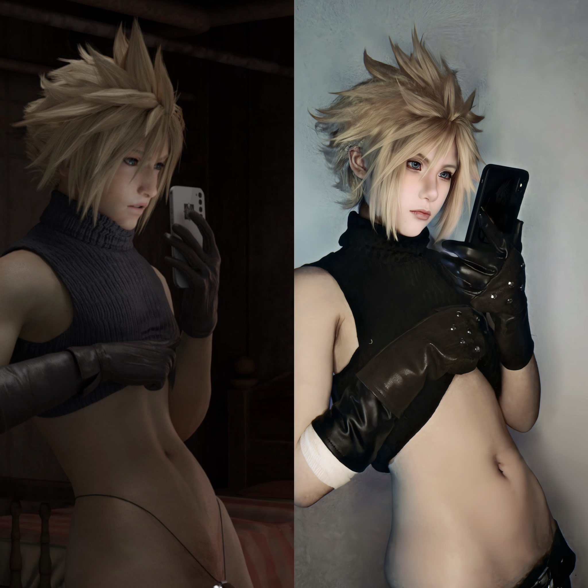 1boy, blonde hair, cloud strife, emberstock, femboy, final fantasy vii, final fantasy vii remake, male only, midriff, navel