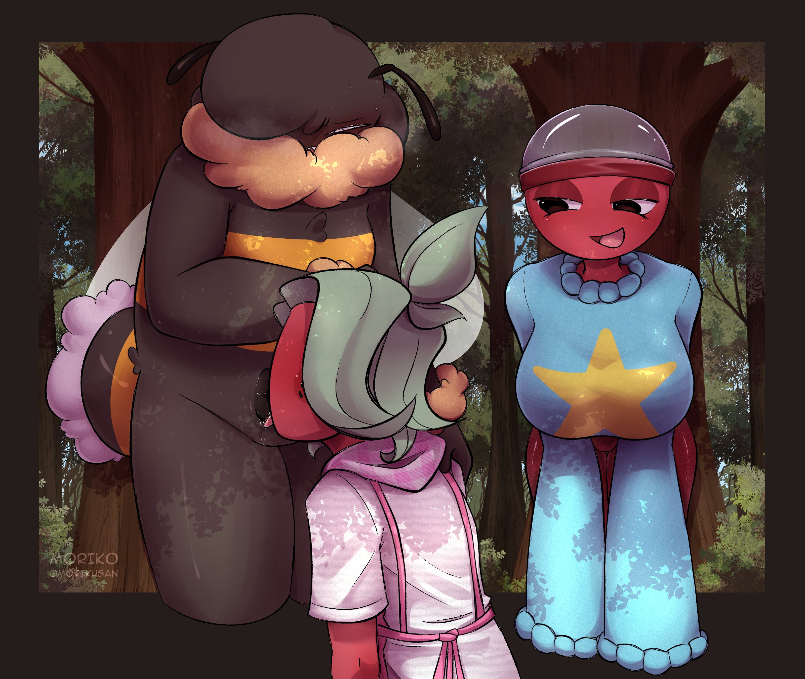 1girl, 2boys, anime style, background, bee, belly, big belly, big boobs, big breasts, big butt, big penis, big thighs, blowjob, bumblebee, bumby (hikorikimo), cartoon, chubby, collection, dandy's world, dandys world, drooling, drooling tongue, follower celebration, forest, gachapon, gay, gay blowjob, gigi (dandy's world), girl, male, morikusan, nature, roblox, roblox game, shine, sprout (dandy's world), steam, strawberry, sucking penis, toons (dandys world)