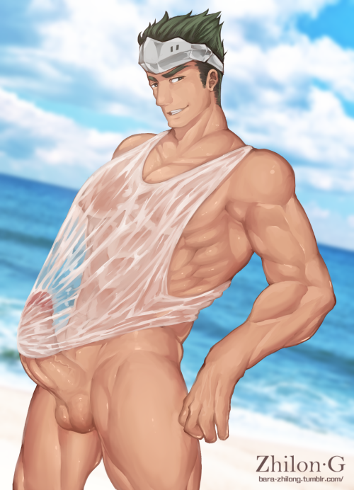 abs balls beach blizzard_entertainment erection genji green_hair male male_only muscle ocean outdoors overwatch pecs penis sand see-through sky solo sparrow_genji undressing wet zhilong