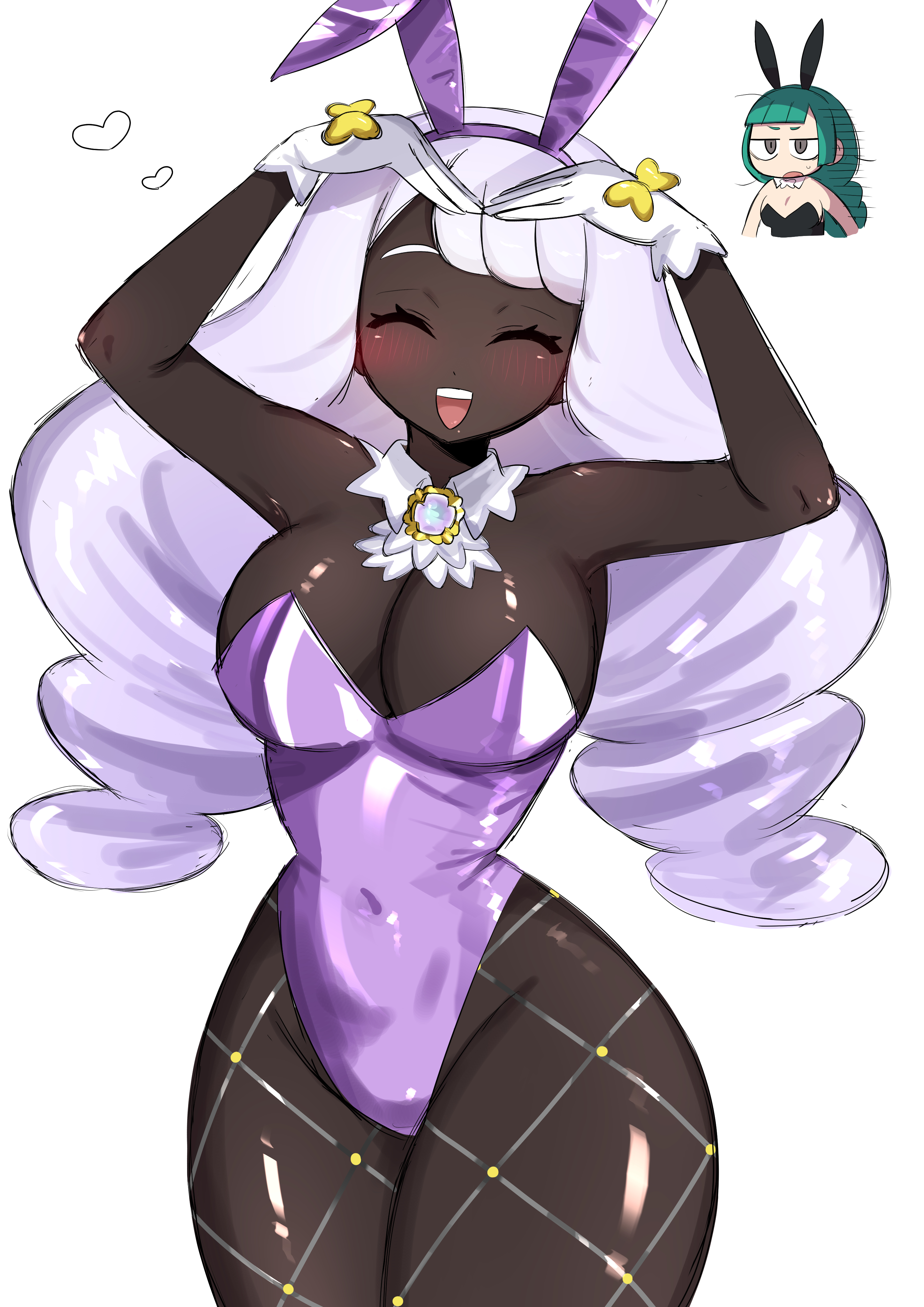 blush, breasts, bunny ears, bunny girl, bunnysuit, cleavage, collar, dark skin, dark-skinned female, edgj, eyes closed, female, female only, fishnets, game freak, gloves, harujio (pokemon), heart, jacinthe (pokemon), lebanne (pokemon), long hair, looking at viewer, navel, nintendo, pokemon, pokemon legends: z-a, purple hair, slim waist, smile, tagme, thick thighs, tight clothing, voluptuous, white background, wide hips, yukari (pokemon)