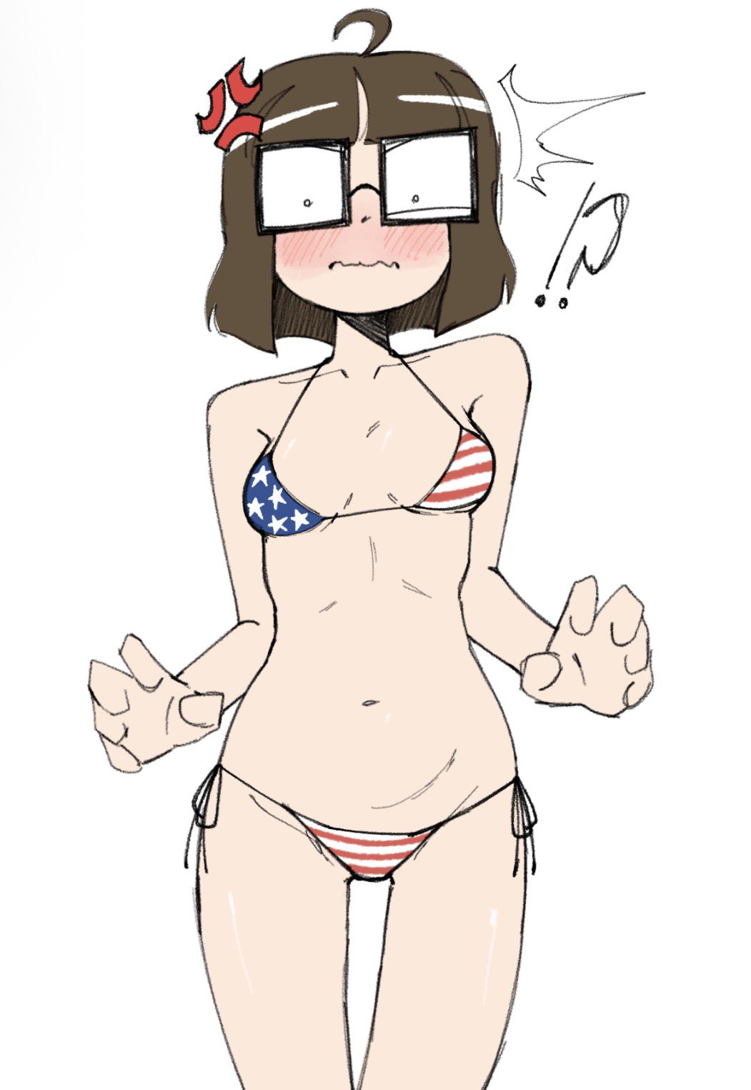 1girls, ahoge, american flag bikini, bikini, blush, brown hair, ethicalgooner2007 (kryptraider), female, flagged for deletion, glasses, oc, original, original character, reupload, small breasts, square glasses, st4rgaze mzt, swimsuit