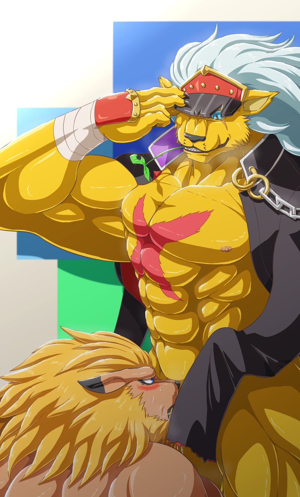 abs anthro armpits ban-tyo bancho bancholeomon blush broken_(artist) digimon digimon_(species) feline fellatio leomon lion male male_only mammal muscular oral pecs sex simple_background yaoi