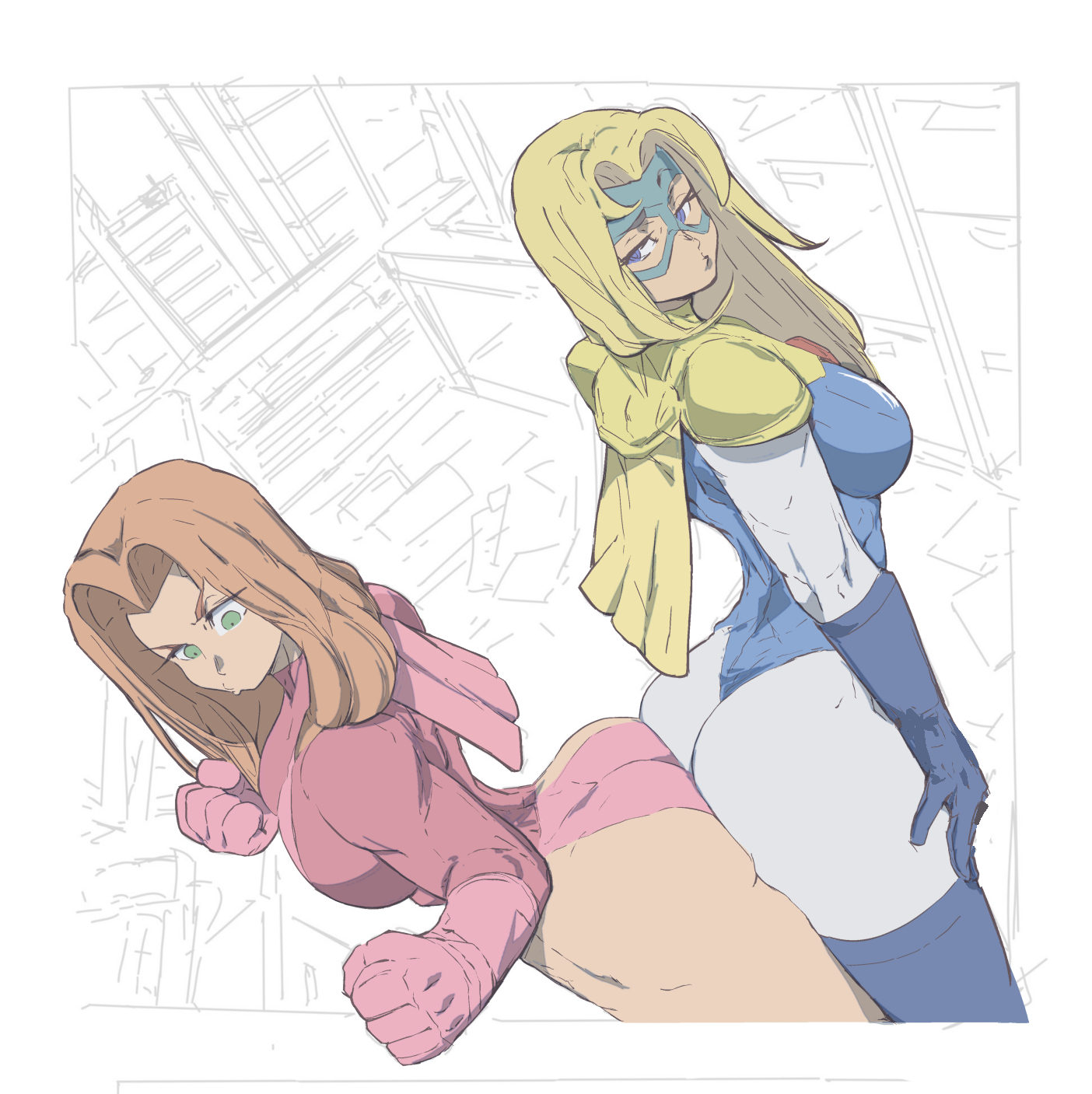 2d, 2d (artwork), 2girls, 7 passes, ass, ass press, ass to ass, ass-to-ass, asses touching, atom eve, big ass, big breasts, big butt, blonde blazer, blonde hair, blue eyes, blue gloves, bodysuit, breasts, bubble ass, bubble butt, cape, crossover, digital drawing (artwork), digital media (artwork), dispatch (game), female, female only, fighting stance, gloves, green eyes, hair, huge butt, invincible, invincible (tv series), large ass, light skin, light-skinned female, long hair, medium breasts, multiple girls, orange hair, pink cape, pink gloves, pressed together, samantha eve wilkins, sideass, superheroine, thick thighs, yellow cape