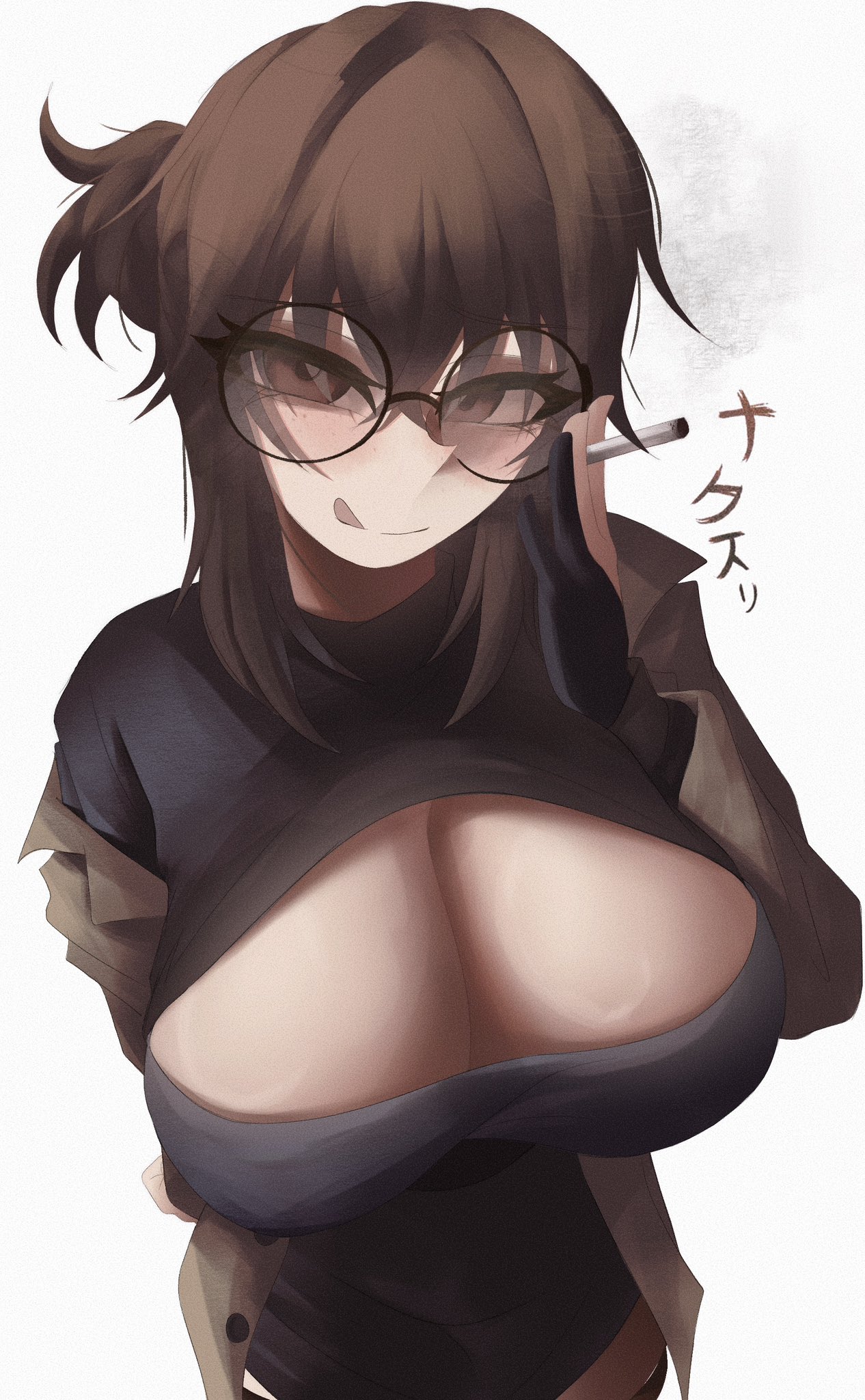 1girls, black dress, black gloves, breasts, brown eyes, brown hair, call of the night, cleavage, cleavage cutout, coat, dress, eyewear, female, glasses, gloves, large breasts, licking lips, looking at viewer, matching hair/eyes, naxless, simple background, solo, solo female, solo focus, text, tongue, tongue out, translation request, uguisu anko, white background, yofukashi no uta