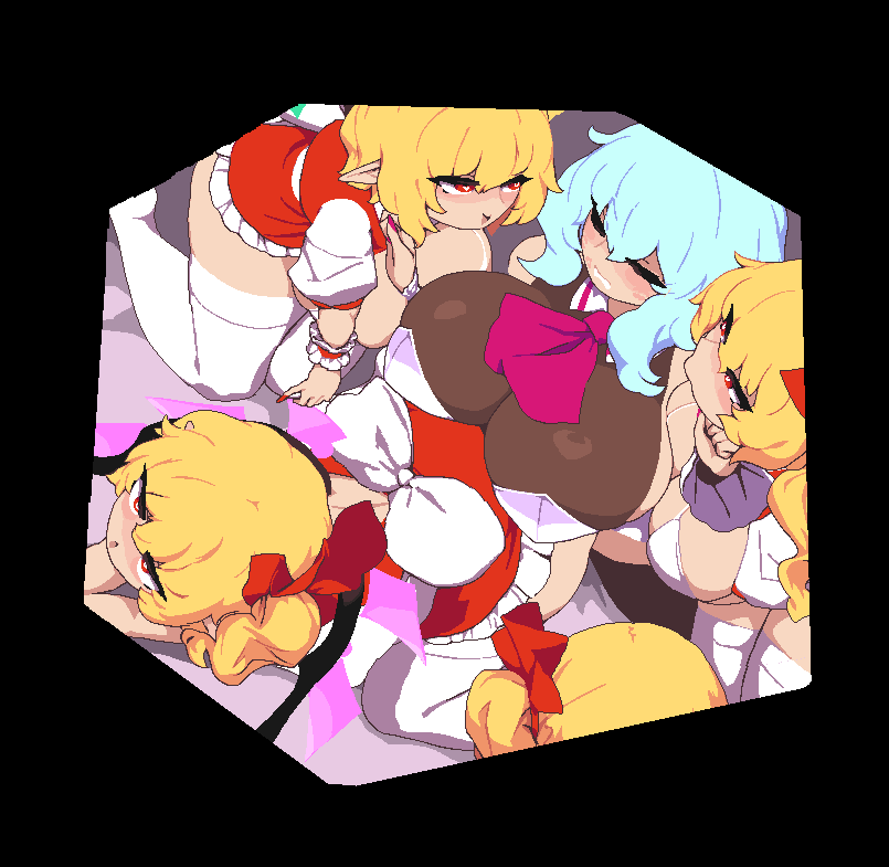 1futa, 4girls, 5girls, 6+girls, all fours, alternate breast size, animated, animated gif, ascot, bat wings, blonde hair, blue hair, blush, bow, breasts, cleavage, clone, closed eyes, closed mouth, crystal, crystal wings, flandre scarlet, frilled skirt, frills, from above, futa on female, futanari, hair between eyes, hair bow, hair ribbon, half-closed eyes, huge breasts, incest, large breasts, leotard, light blue hair, long hair, looking at another, looking up, medium hair, multiple girls, no headwear, one side up, open mouth, pointy ears, puffy sleeves, purple ascot, red ascot, red bow, red eyes, red nails, red ribbon, red skirt, red vest, remilia scarlet, remilia scarlet (takorin), ribbon, short hair, short sleeves, siblings, side ponytail, sisters, sitting, skirt, smile, takorin, thighhighs, touhou, touhou futanari scarlet escape, touhou project, vampire, vampire girl, white bow, white thighhighs, wings, wrist cuffs, yellow ascot