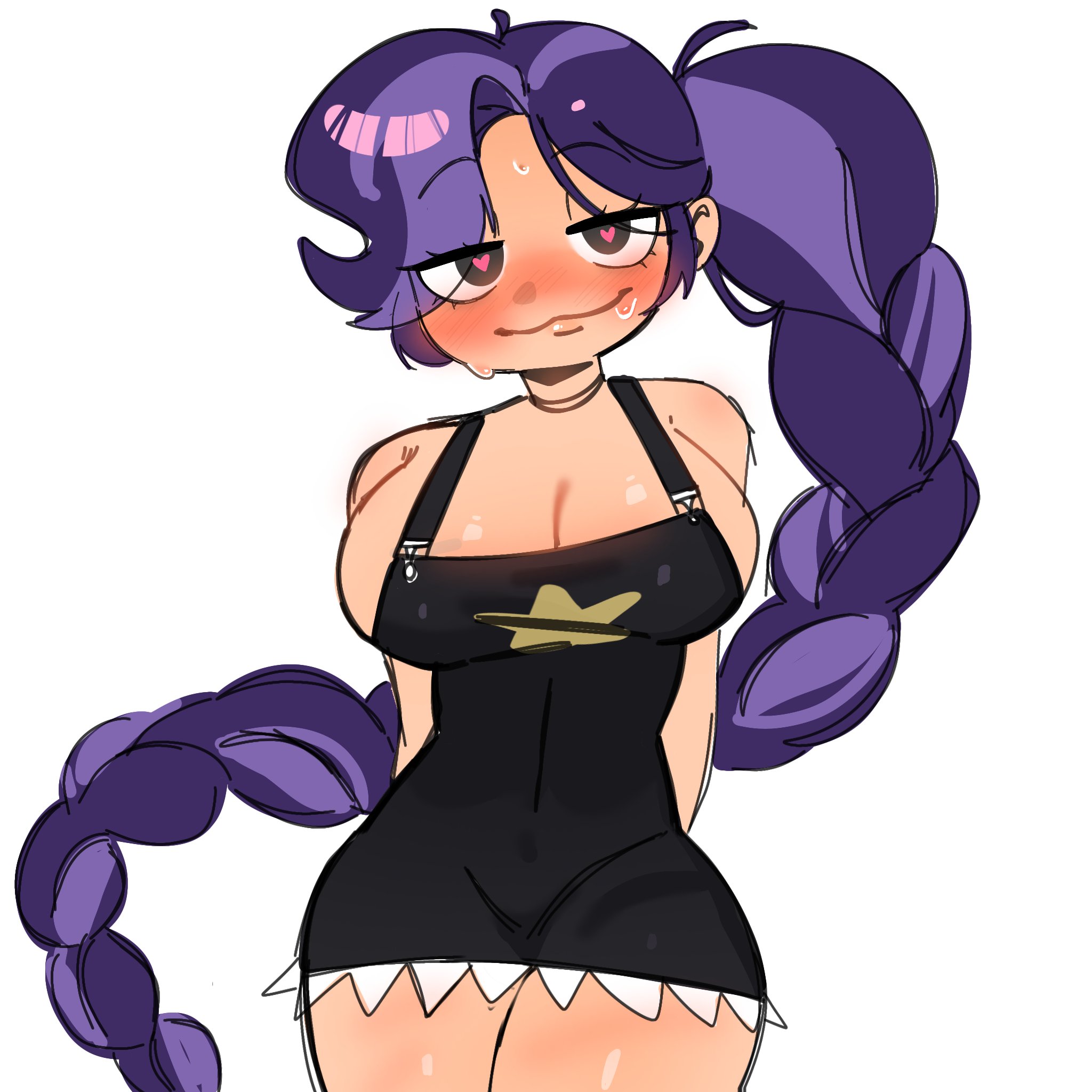 1girl, 1girls, alternate ass size, alternate body type, alternate breast size, alternate costume, alternate hairstyle, animate inanimate, bare arms, bare shoulders, big ass, big breasts, big butt, big thighs, blush, blushing, braid, braided hair, braided ponytail, braids, breasts, breasts out, curvaceous, curvaceous body, curvaceous female, curvaceous figure, curves, curvy, curvy body, curvy female, curvy figure, curvy hips, doll, doll girl, doll joints, eyelashes, female, female focus, female only, half-closed eyes, heart symbol, heart-shaped pupils, hourglass figure, hourglass figured female, humanoid, humanoid female, inanimate animate, large ass, large butt, large thighs, lily lovebraids, long hair, long purple hair, mob entertainment, mob games, narrow waist, no bra, no shirt, overall dress, overall skirt, overalls, overalls only, partially clothed, ponytail, ponytail (hair), ponytail female, poppy playtime, poppy playtime (chapter 5), purple hair, seductive, seductive eyes, seductive look, seductive smile, smile, smiling, solo, solo female, standing, star, star (symbol), starmoon 52, sweat, sweatdrop, sweating, sweaty, thick thighs, thighs, wide hips, wide thighs
