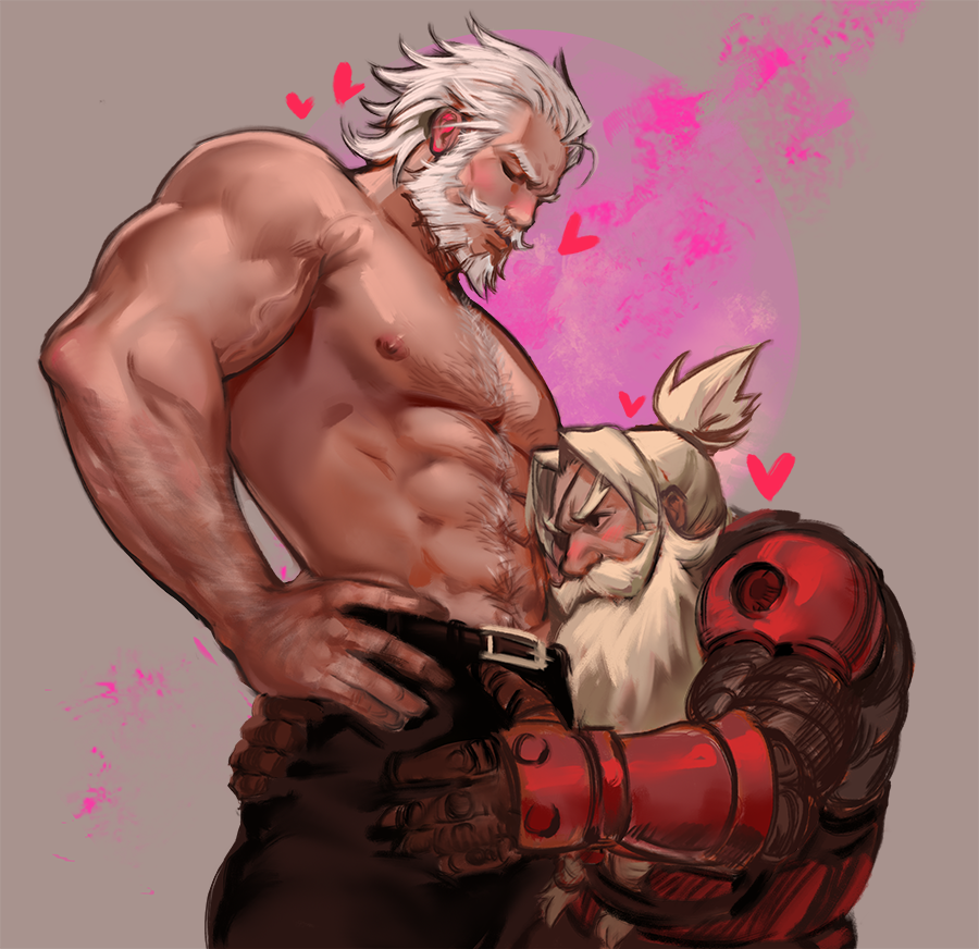 <3 2boys bara beard blizzard_entertainment body_hair dopq facial_hair male_only multiple_boys overwatch reinhardt silver_hair size_difference topless torbjörn undressing yaoi yy6242