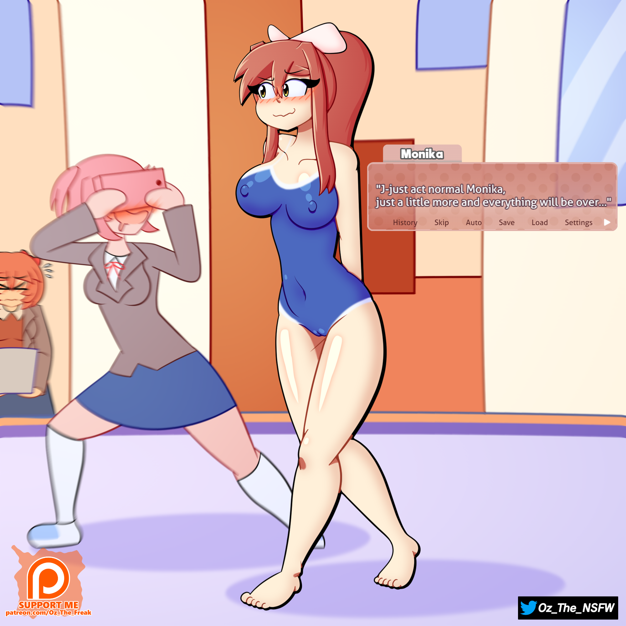 3girls, blush, blushing, bodypaint, breasts, cfnf, clothed female nude female, ddlc, doki doki literature club, embarrassed, embarrassed naked female, embarrassed nude female, enf, exhibitionism, exhibitionist, fake clothes, female, female only, forced, forced exposure, humiliation, lost bet, monika (doki doki literature club), multiple girls, naked, natsuki (doki doki literature club), nude, oz the freak, public, public exposure, public humiliation, public nudity, pussy, recording, sayori (doki doki literature club), school swimsuit, streaking, walking