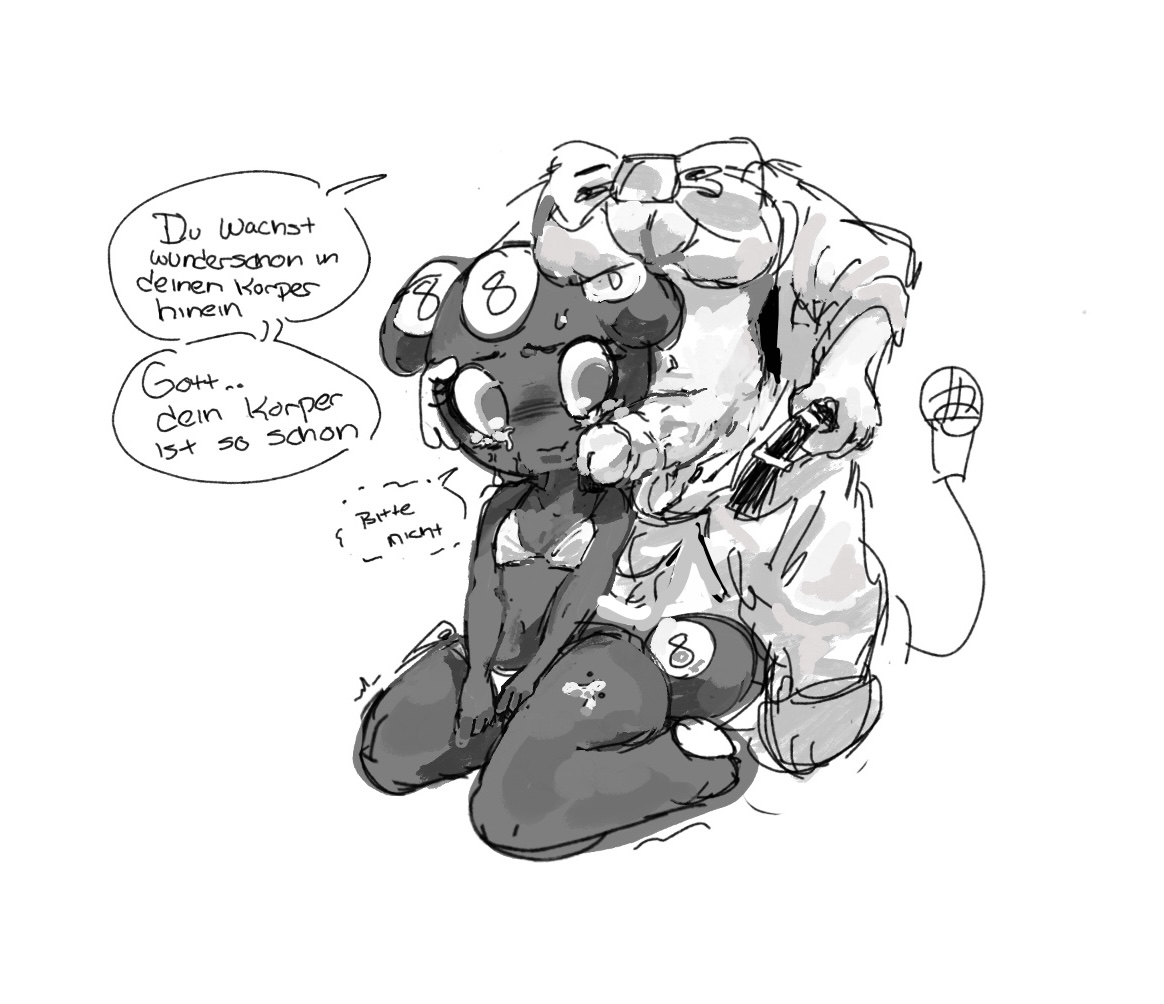 1futa, 1futanari, 1girl, big breasts, big butt, big thighs, bodily fluids, dandy's world, dandys world, dubcon, dubious consent, futanari, german text, lingerie, noncon, nonconsensual, pedobear, raped by futa, roblox, roblox game, robot girl, robot humanoid, small breasts, toodles (dandy's world), undressing, vee (dandy's world), veiny penis