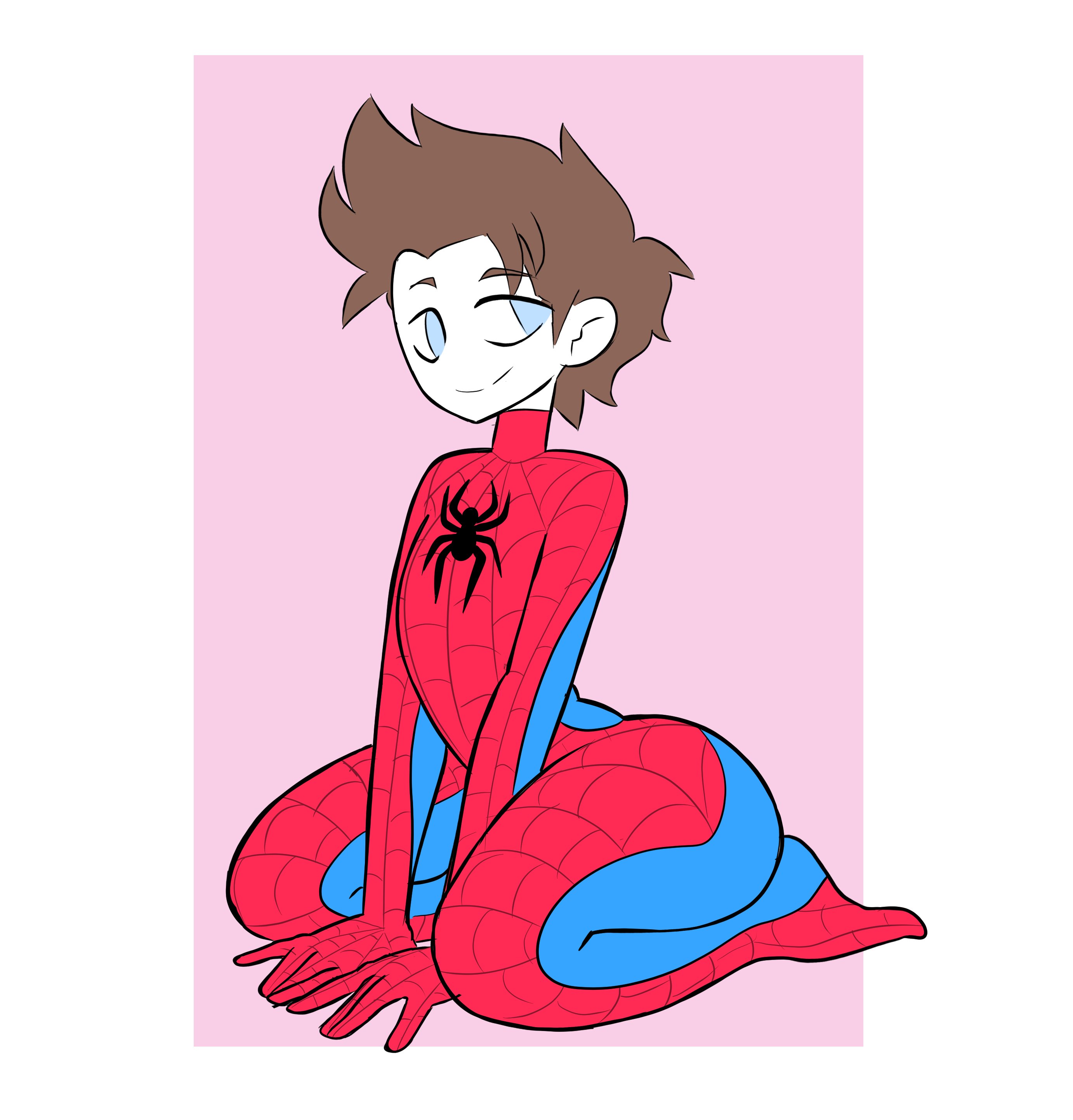 1boy, ass, big ass, big butt, blue eyes, brown hair, butt, darkseptor, fat ass, fat butt, femboy, huge ass, huge butt, looking at viewer, male, male only, marvel, marvel comics, on knees, peter parker, sfw, short hair, solo, spider-man, spider-man (series), thick ass, thick butt