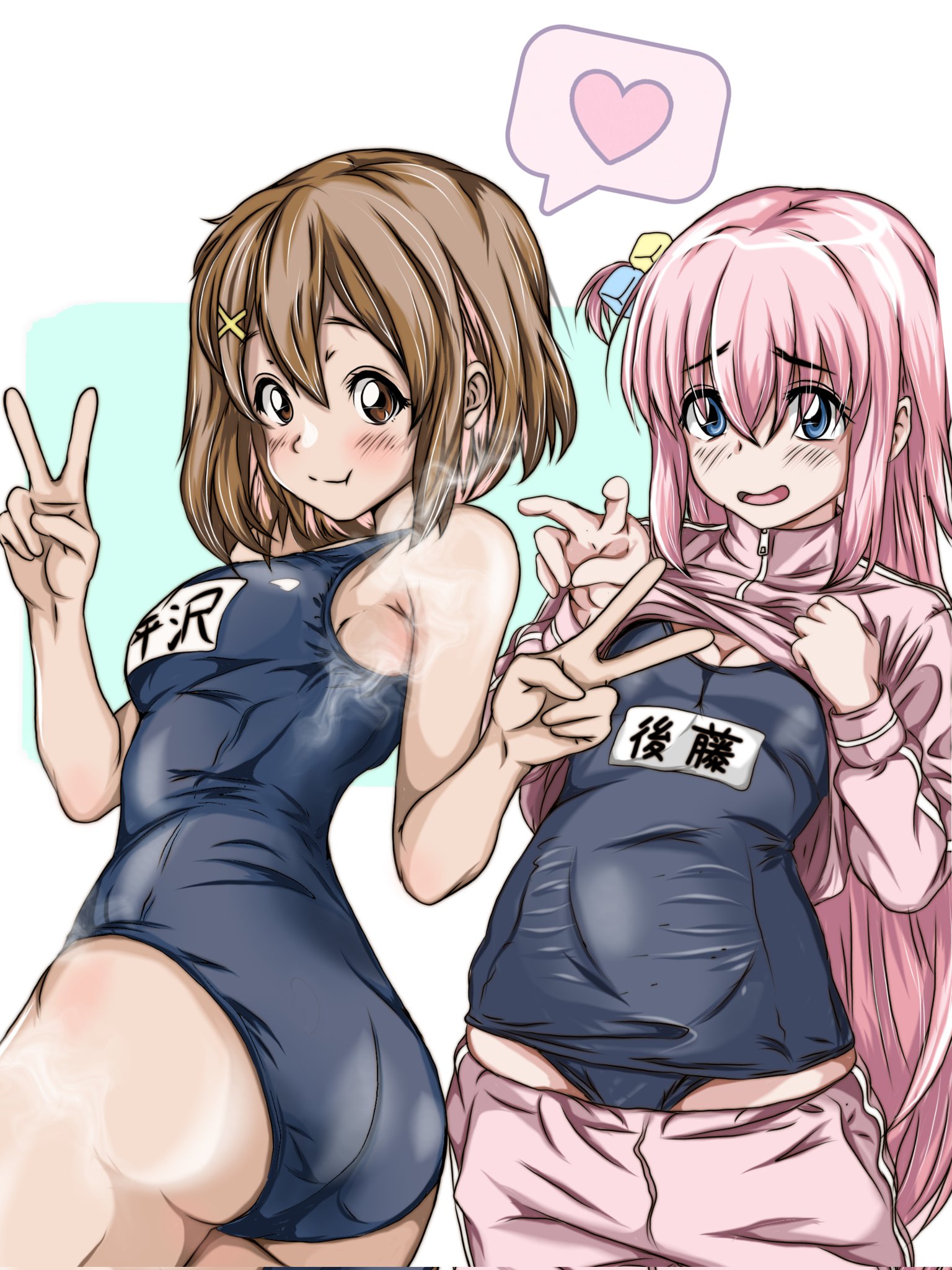 2girls, ass, blue eyes, blush, bocchi the rock!, breasts, brown eyes, brown hair, cleavage, commentary request, cube hair ornament, double v, gotou hitori, hair ornament, highres, jacket, k-on!, long hair, long sleeves, looking at viewer, multiple girls, one-piece swimsuit, open mouth, pants, pink hair, pink jacket, sezon, short hair, sweatpants, swimsuit, track jacket, v, yui hirasawa (k-on!)