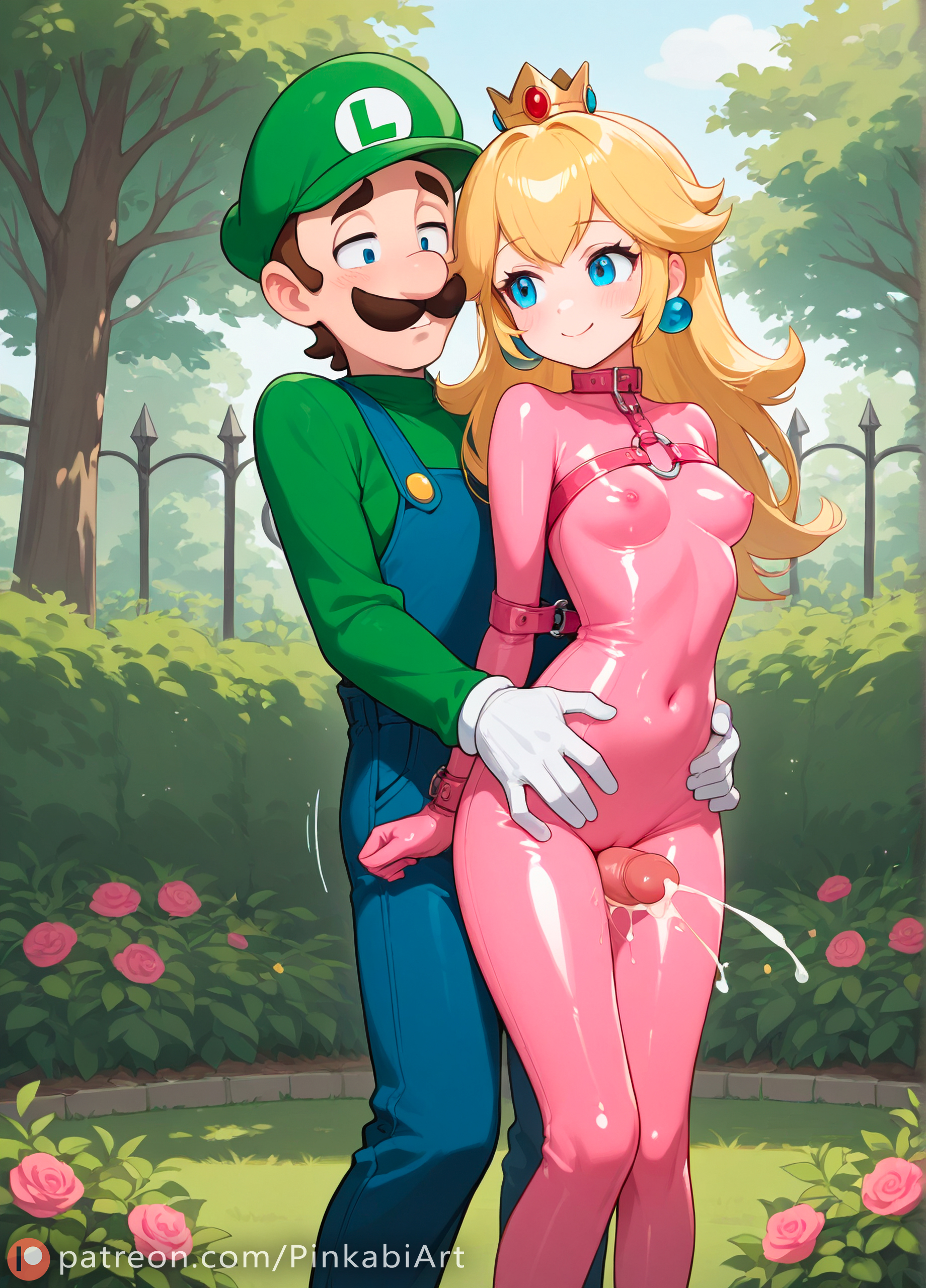 1boy, 1girls, ai generated, bondage harness, cum, cumshot, female, from behind, handsfree ejaculation, latex, luigi, male, male/female, mario (series), nintendo, penis, pink outfit, pinkabiart, princess, princess peach, royalty, thigh sex, uncensored
