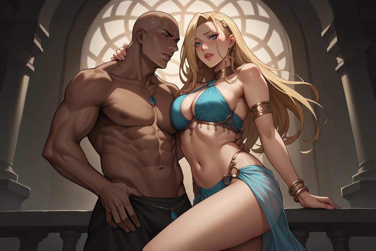 1boy1girl ai_generated arabian_clothes blonde_hair fullmetal_alchemist muscular_male olivier_mira_armstrong