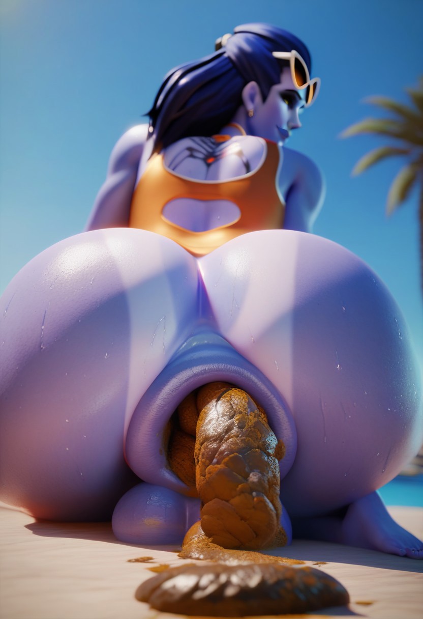 ai_generated anus ass balls beach donut_anus feces futanari one-piece_swimsuit overwatch pooping_on_floor public scat scat swimsuit tanline tanlines widowmaker