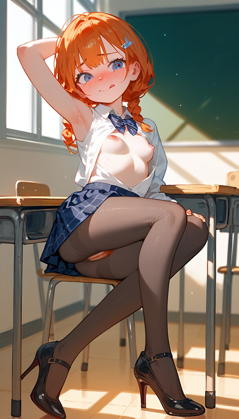 ai_generated anal anus armpits blue_eyes heels orange_hair pubic_hair pussy pussy_juice school_uniform short_hair skirt small_breasts smaller_female tights tongue tongue_out white_tights