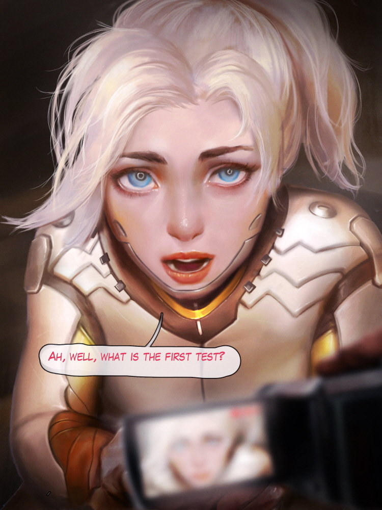 blizzard entertainment, blonde, blonde female, blonde hair, blue eyes, bodysuit, english text, female, female focus, female only, firolian, mercy, open mouth, overwatch, pov, speech bubble, video camera