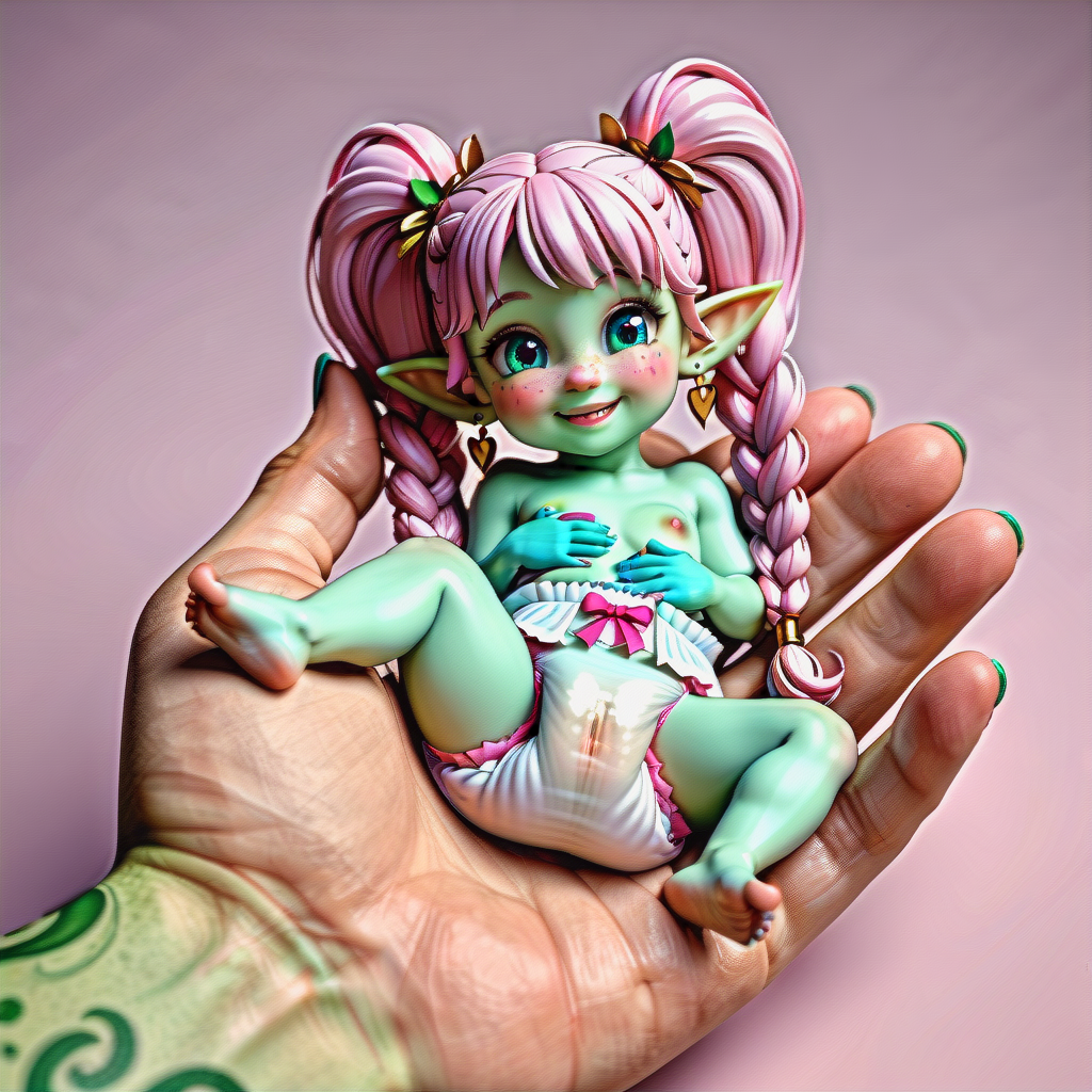 1girls ai_generated cub diaper diaper_only earrings elf elf_ears elf_female elf_girl female goblin goblin_female green_skin held_in_hand pink_hair pointy_ears twin_braids twintails young