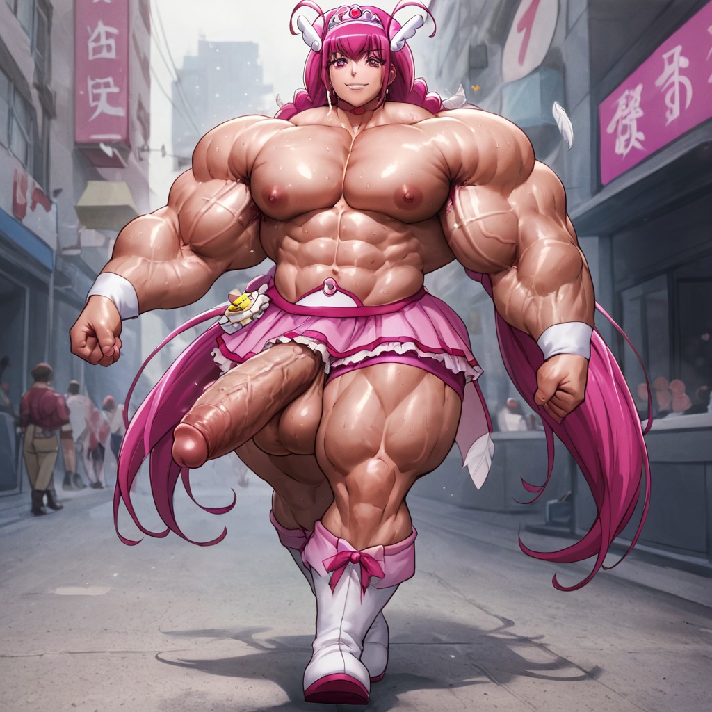 1futa ai_generated big_balls big_cock big_penis breasts cure_happy futa_only futanari hand_on_penis hoshizora_miyuki muscle_girl pink_hair precure precure-r34 pretty_cure smile_precure solo solo_futa testicles town walking