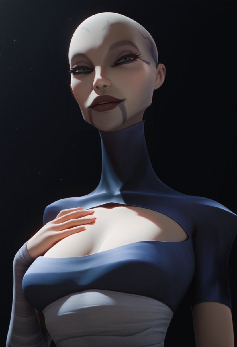 ai_generated asajj_ventress bald bald_female black_background bodystocking bodysuit cleavage cleavage_cutout clone_wars duchess_eugene hand_on_chest markings pale-skinned_female pale_skin portal smile star_wars tagme wrappings wraps