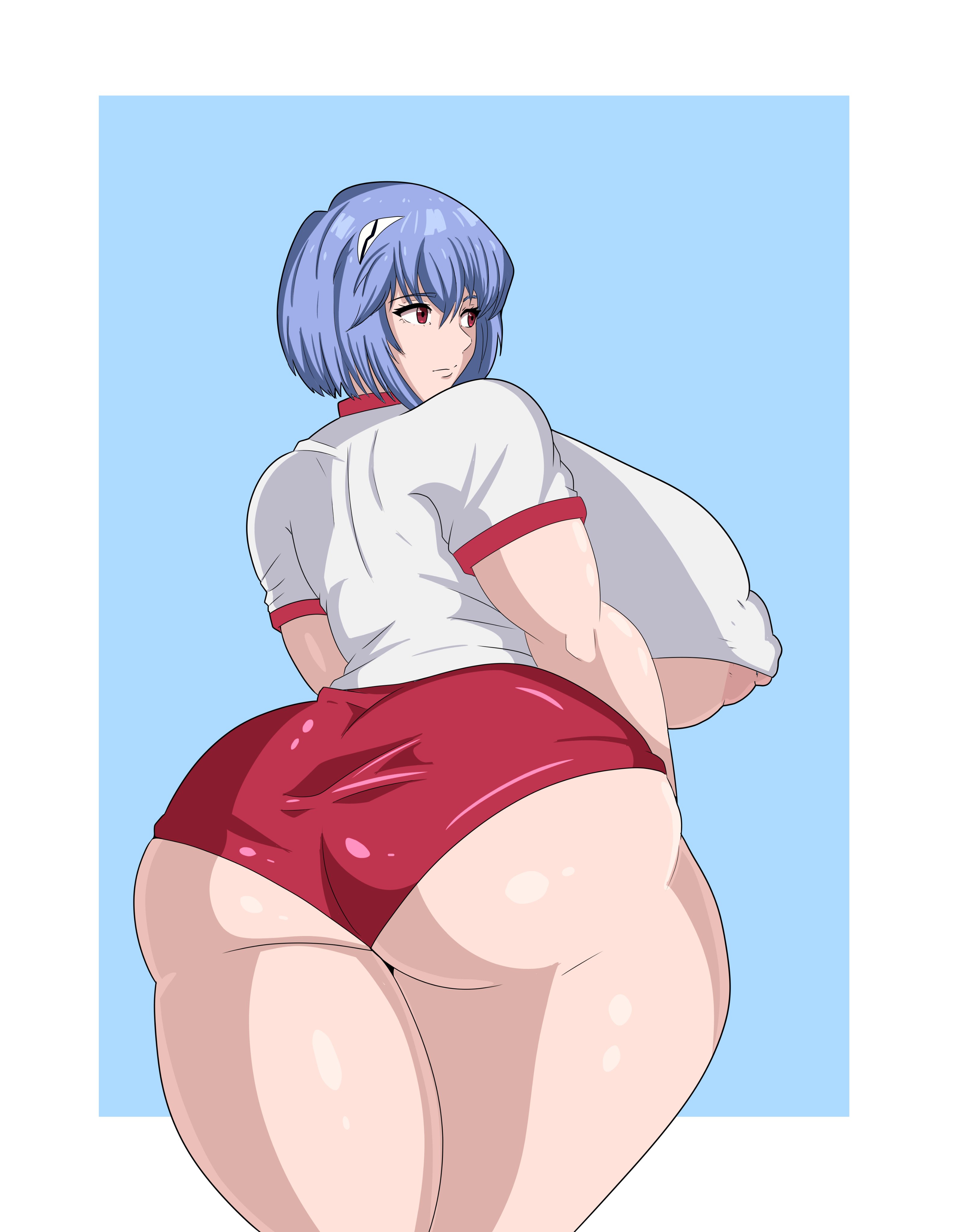 areolae, ass, back view, big ass, big breasts, blue hair, booty shorts, breasts, female, knotclown 99, large ass, large breasts, neon genesis evangelion, nipples, red eyes, rei ayanami, thick thighs, thunder thighs