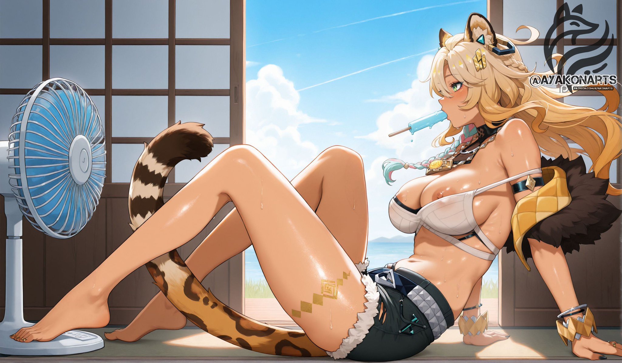 ai generated, ayakonarts, fan, female, genshin impact, hot, ice cream, indoors, jaguar ears, jaguar girl, nipples, sky, sweat, xilonen (genshin impact)