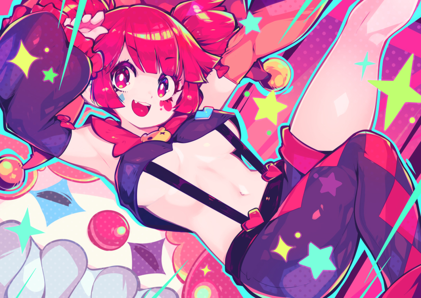 buro (joker) (muse dash), buro (muse dash), clown girl, female, leg up, looking at viewer, muse dash, underboob