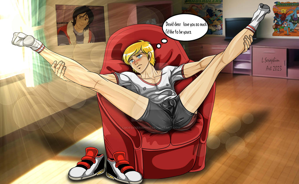 bara blonde_hair blue_eyes blush dinosaucers fully_clothed gay legs_held_open luciferseraphim male_focus ryan_spencer shoes_removed socks sunlight thought_bubble watermark yaoi