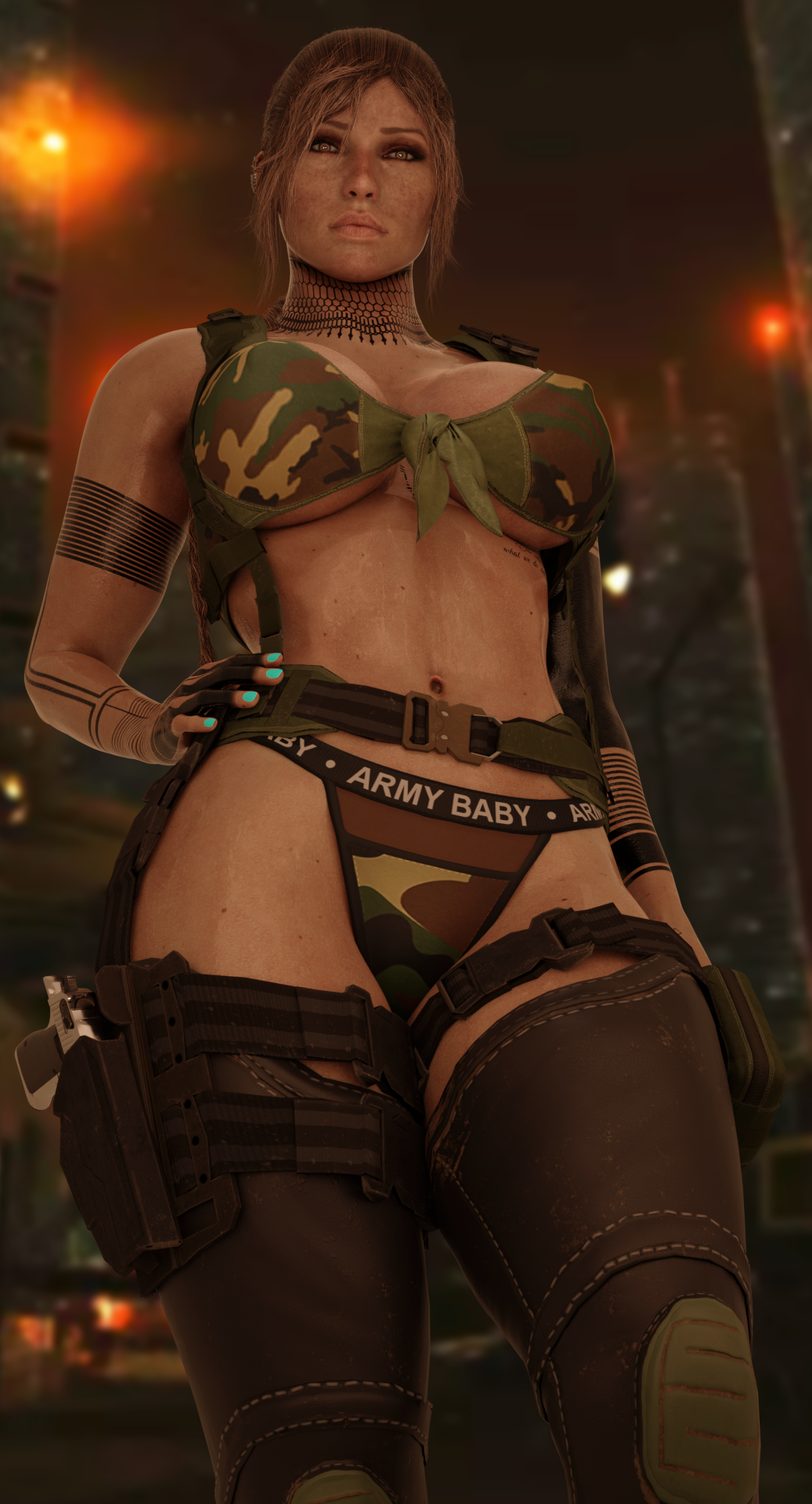 1girls 3d armed athletic athletic_female belt big_ass big_breasts big_thighs bikini blender blender_cycles blue_nail_polish blue_nails braided_hair brown_eyes brown_hair camouflage clothing female female_only firearm gun handgun harness highres huge_breasts human impractical_armor impractical_clothing impractical_outfit lara_croft lara_croft_(classic) leg_wraps legwear light_skin long_hair long_nails looking_at_viewer military nail_polish nipple_bulge pale_skin panties pinup self_upload solo sweat sweatdrop sweating swimwear tattoo tattoos thick_ass thick_thighs tomb_raider weapon writing_on_clothes your__waifu