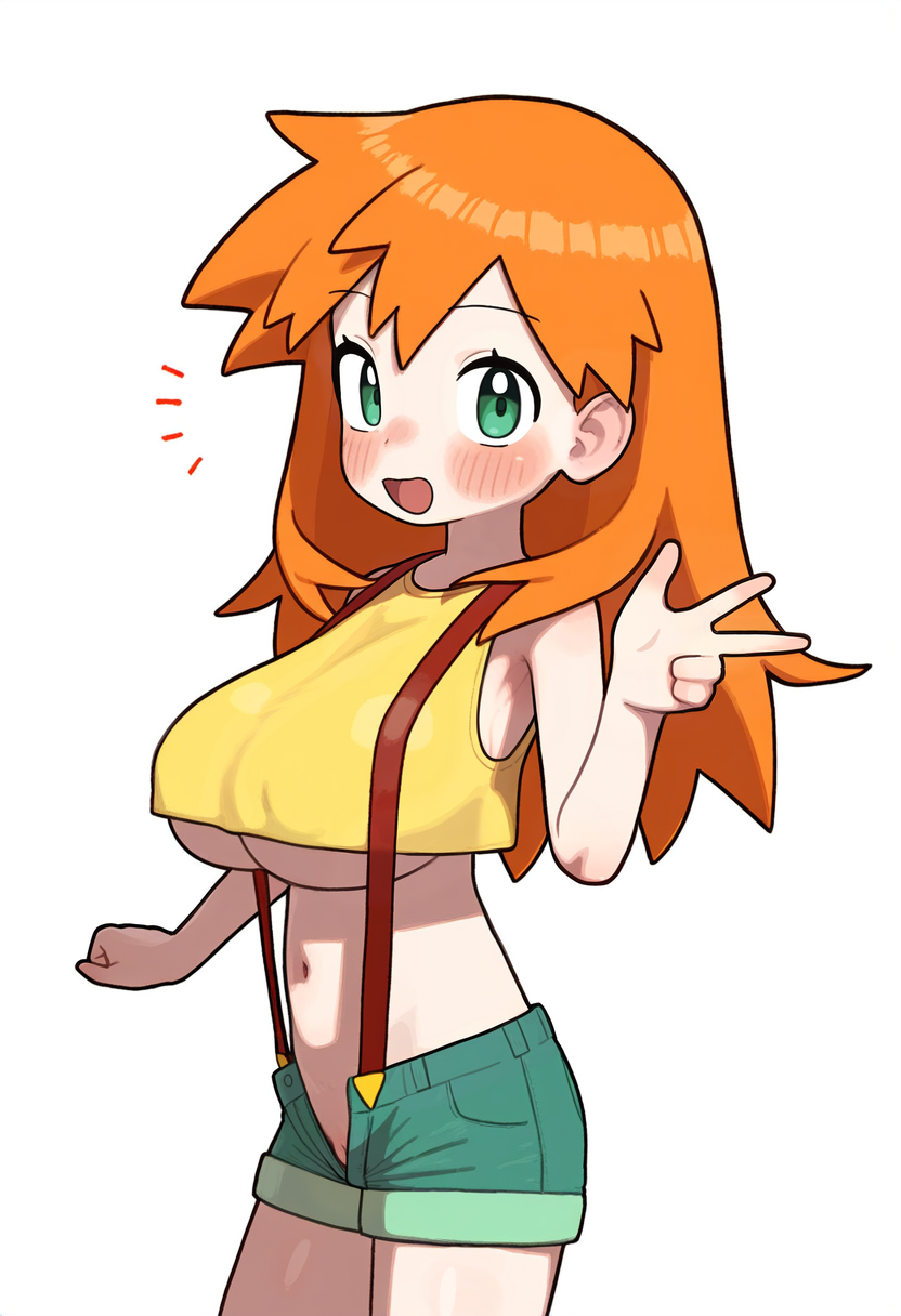 :d ai_generated asymmetrical_hair bangs bare_shoulders blush breasts clothing crop_top denim denim_shorts female female female_only green_eyes green_shorts gym_leader high_resolution kasumi_(pokemon) kasumi_(pokemon) large_breasts long_hair looking_at_viewer midriff navel notice_lines open-mouth_smile open_fly open_mouth orange_hair pokemon pokemon_character ponytail shirt short_shorts shorts side_ponytail sleeveless sleeveless_shirt smile solo suspender_shorts suspenders tank_top thick_thighs thighs tied_hair underboob unzipped vagina_peek w yellow_shirt yellow_tank_top