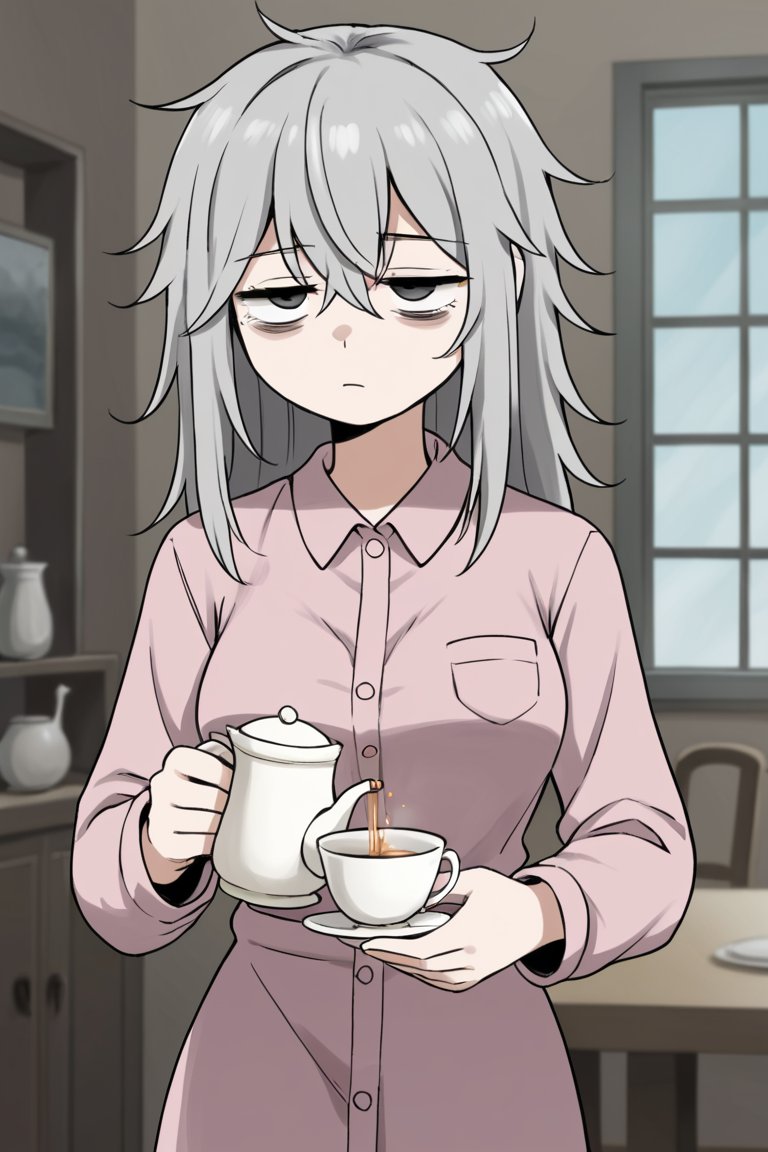 ai_generated bags bags_under_eyes flanofart gray_eyes gray_hair half-closed_eyes messy_hair oc original_character pijama sleepy tagme tea