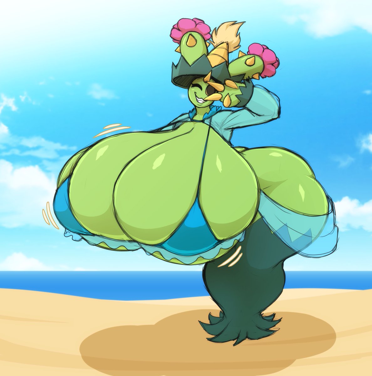 1girls 4_fingers ;d adriana_(rubyqm) anthro big_ass big_breasts clothing curvy game_freak huge_breasts ludicolo maractus nintendo pokemon roboy_thor smile solo