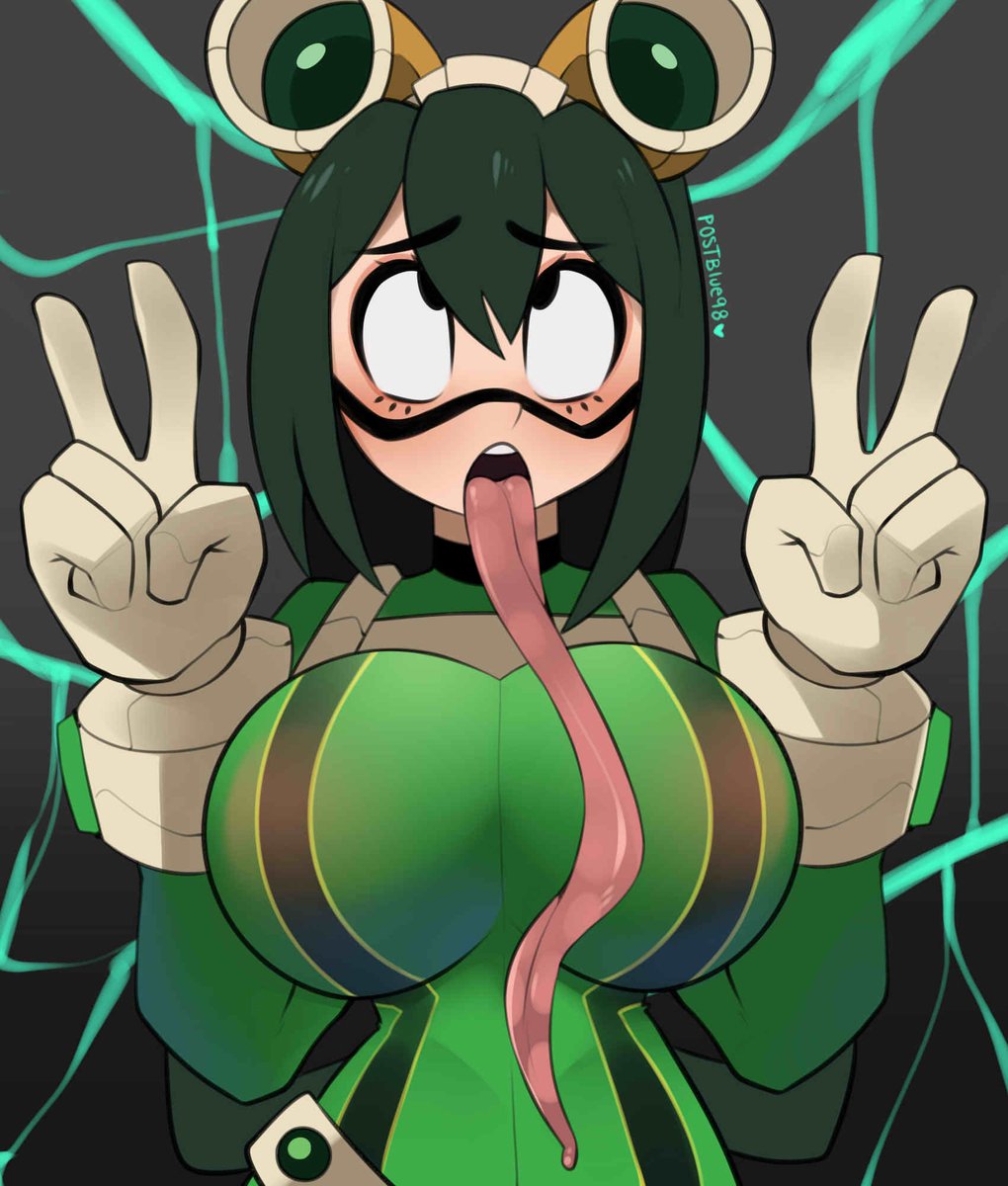 1girls ahe_gao blush double_peace_sign double_v hero_outfit_(mha) my_hero_academia peace_sign posing postblue98 teenager tongue_out tsuyu_asui v