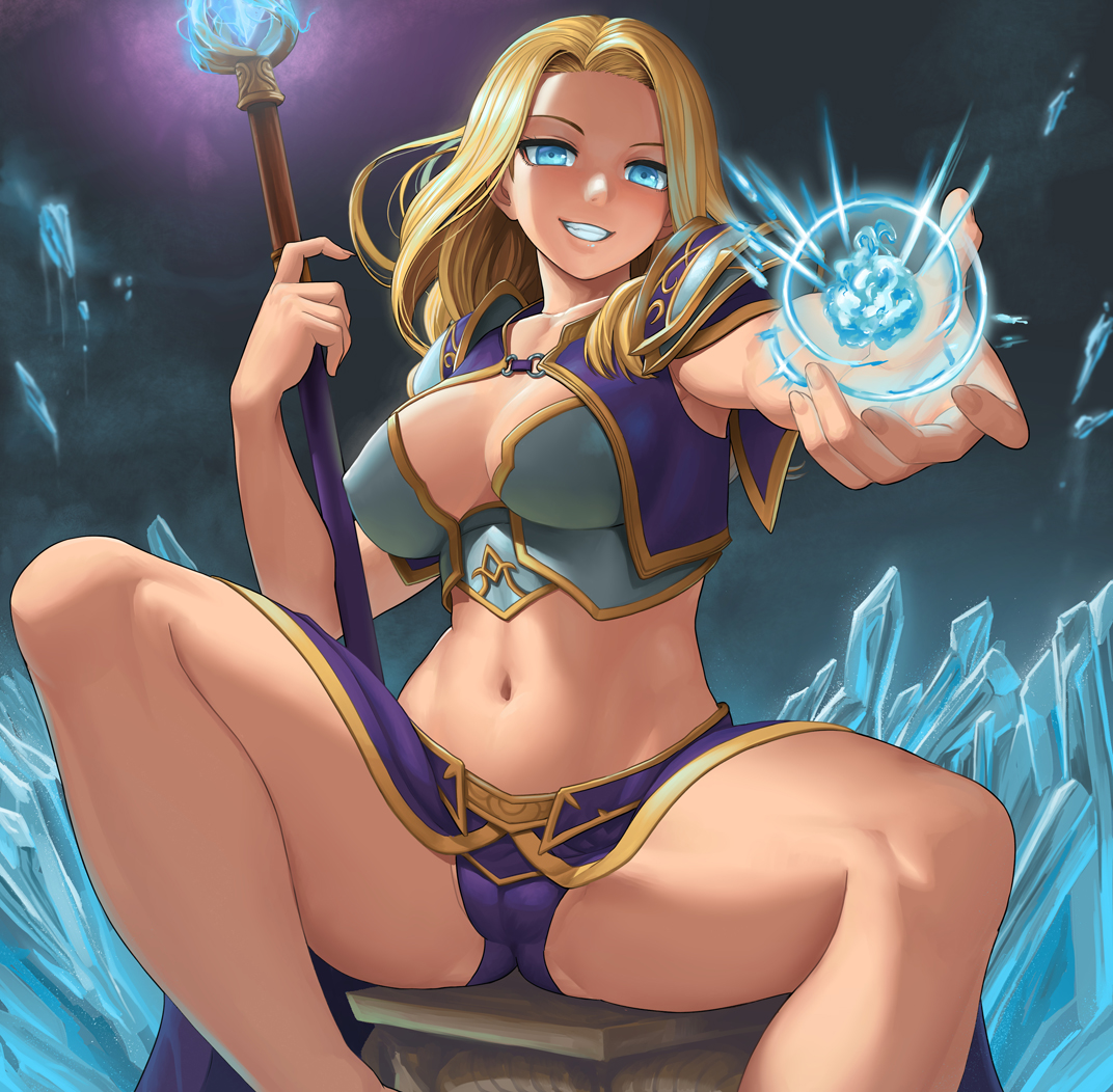 akoniii, blonde hair, blue eyes, breasts, clothed, female, female only, human, ice, jaina proudmoore, large breasts, long hair, magic, navel, nipple bulge, shoulder pads, sitting, skimpy, skirt, smile, solo, spread legs, staff, stomach, world of warcraft