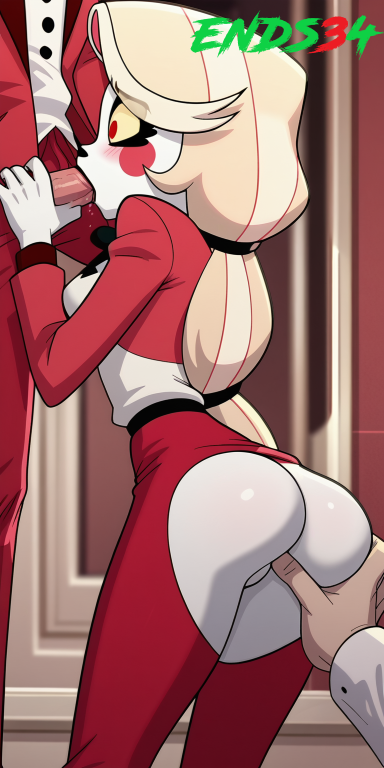 ai_generated ass_focus ass_grab blonde_hair blowjob blush charlie_morningstar_(hazbin_hotel) clothed clothing ends34 female grabbing grabbing_ass grabbing_from_behind hazbin_hotel pale-skinned_female pale_skin wide_eyed