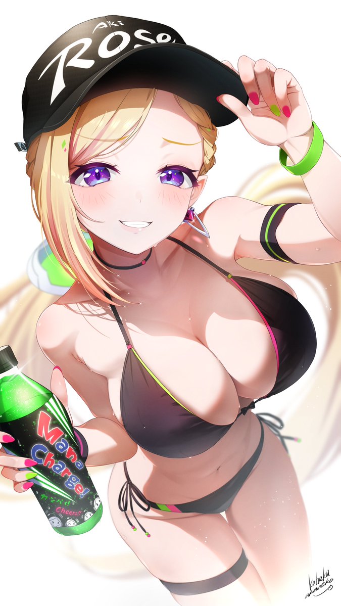 adjusting_clothes adjusting_headwear aki_rosenthal alternate_costume arm_strap arm_up baseball_cap bikini black_bikini black_choker black_hat blonde_hair bottle braid braided_bangs breasts character_name choker cleavage commentary_request detached_hair earrings female from_above front-tie_bikini_top front-tie_top green_nails grin halterneck hand_up hat holding holding_bottle hololive jewelry large_breasts long_hair looking_at_viewer low_twintails midriff multicolored_nails nail_polish navel nemu_iine pink_nails plastic_bottle pointy_chin pointy_ears purple_eyes side-tie_bikini_bottom signature simple_background single_earring skindentation smile solo stomach string_bikini sweat swept_bangs swimsuit thigh_gap thigh_strap twintails virtual_youtuber white_background wristband