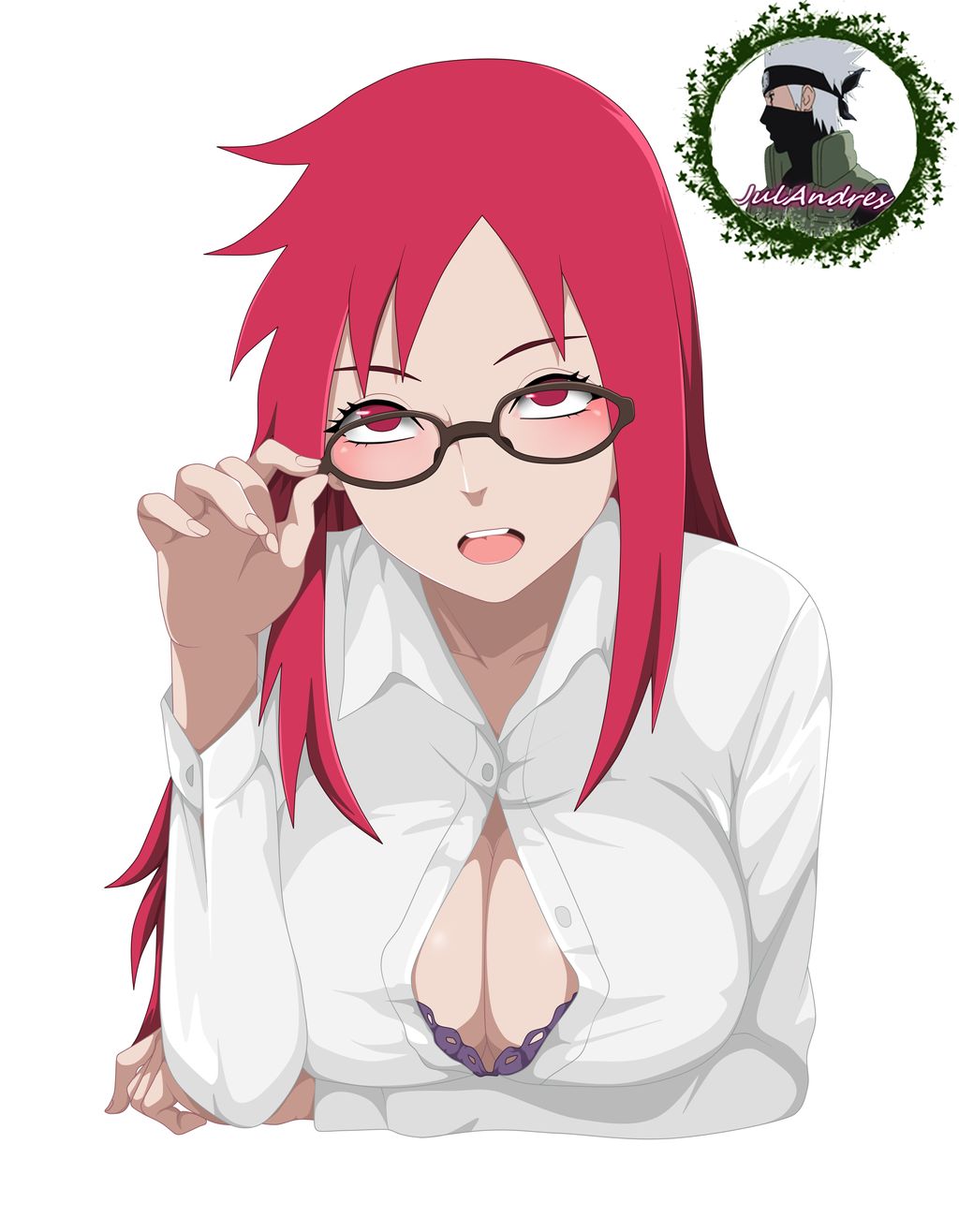 adjusting glasses, arm under breasts, bra, breasts, cleavage, costume, female, female only, glasses, long hair, looking at viewer, naruto, naruto (series), naruto shippuden, open shirt, red eyes, red hair, shirt, teacher, uliyalsa, unbuttoned shirt, underwear, upper body, uzumaki karin