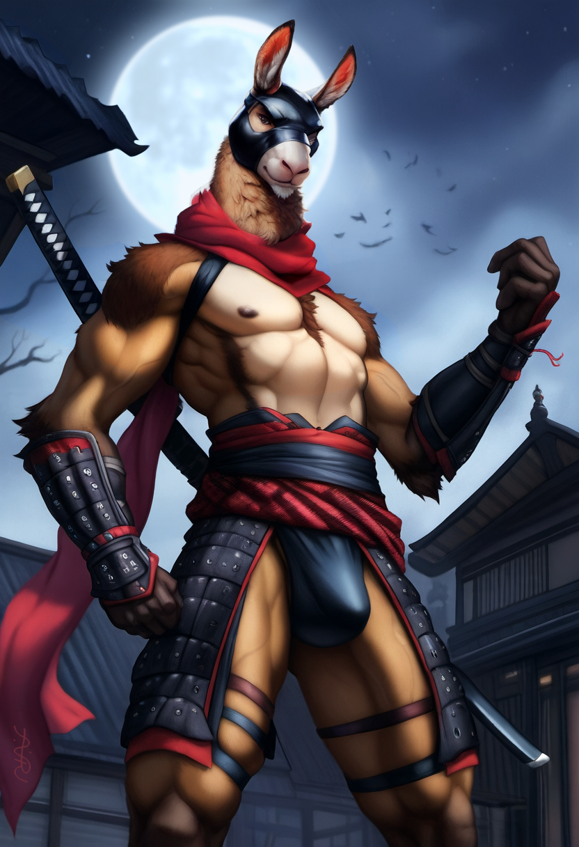 1boy 2024 abs ai_generated anthro armor avaru brown_fur bulge cape clouds deviantart full_moon fur furry furry_only katana llama male male_focus male_only mammal moon multicolored_body multicolored_fur muscular muscular_male ninja ninja_mask nipples outdoors pink_nose scarf solo sword